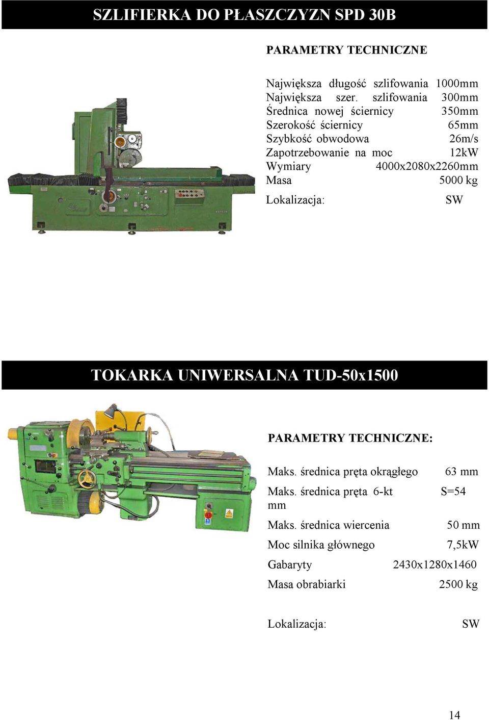 Wymiary 4000x2080x2260mm Masa 5000 kg Lokalizacja:... SW TOKARKA UNIWERSALNA TUD-50x1500 Maks.