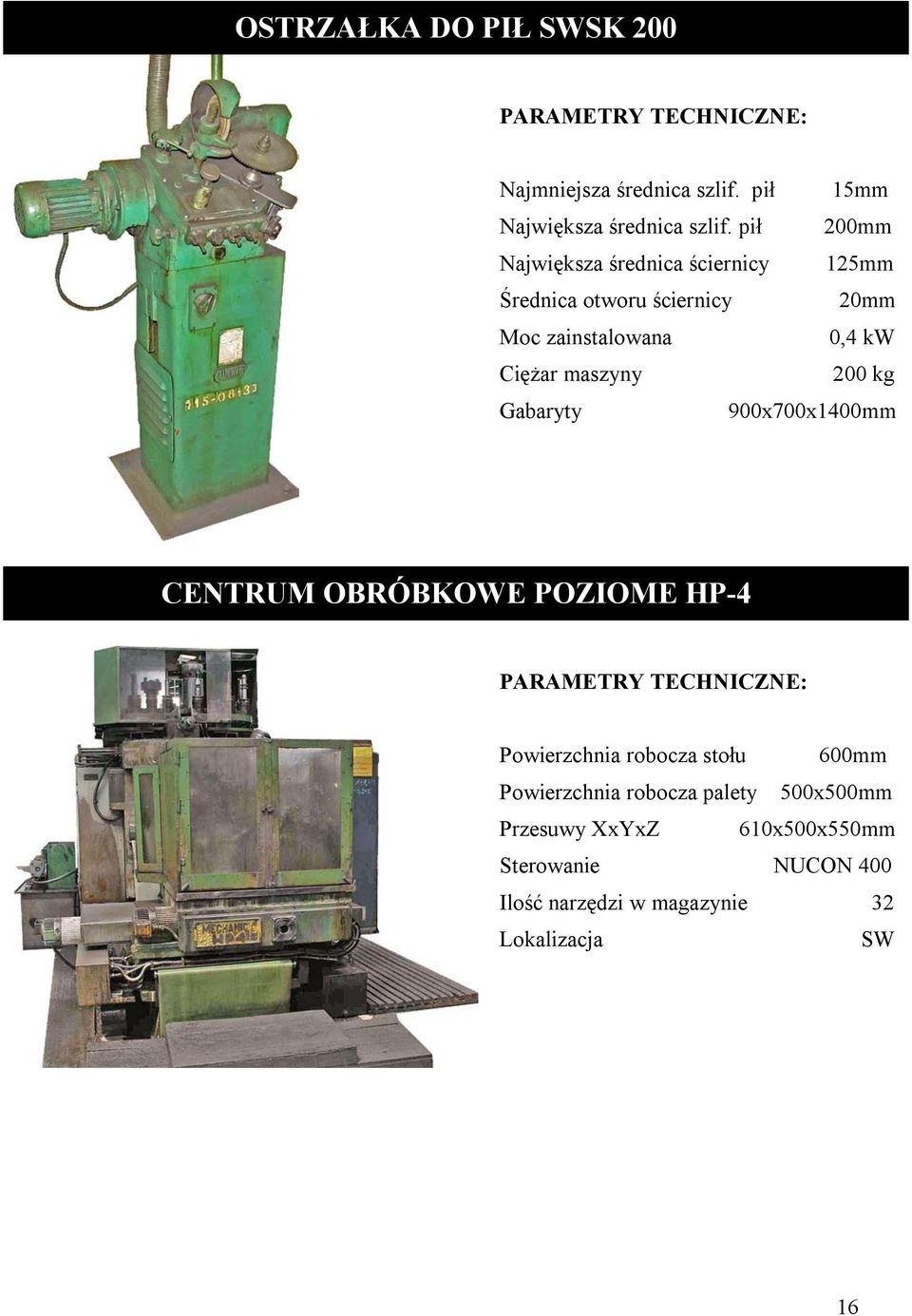 Ciężar maszyny 200 kg 900x700x1400mm CENTRUM OBRÓBKOWE POZIOME HP-4 Powierzchnia robocza stołu 600mm