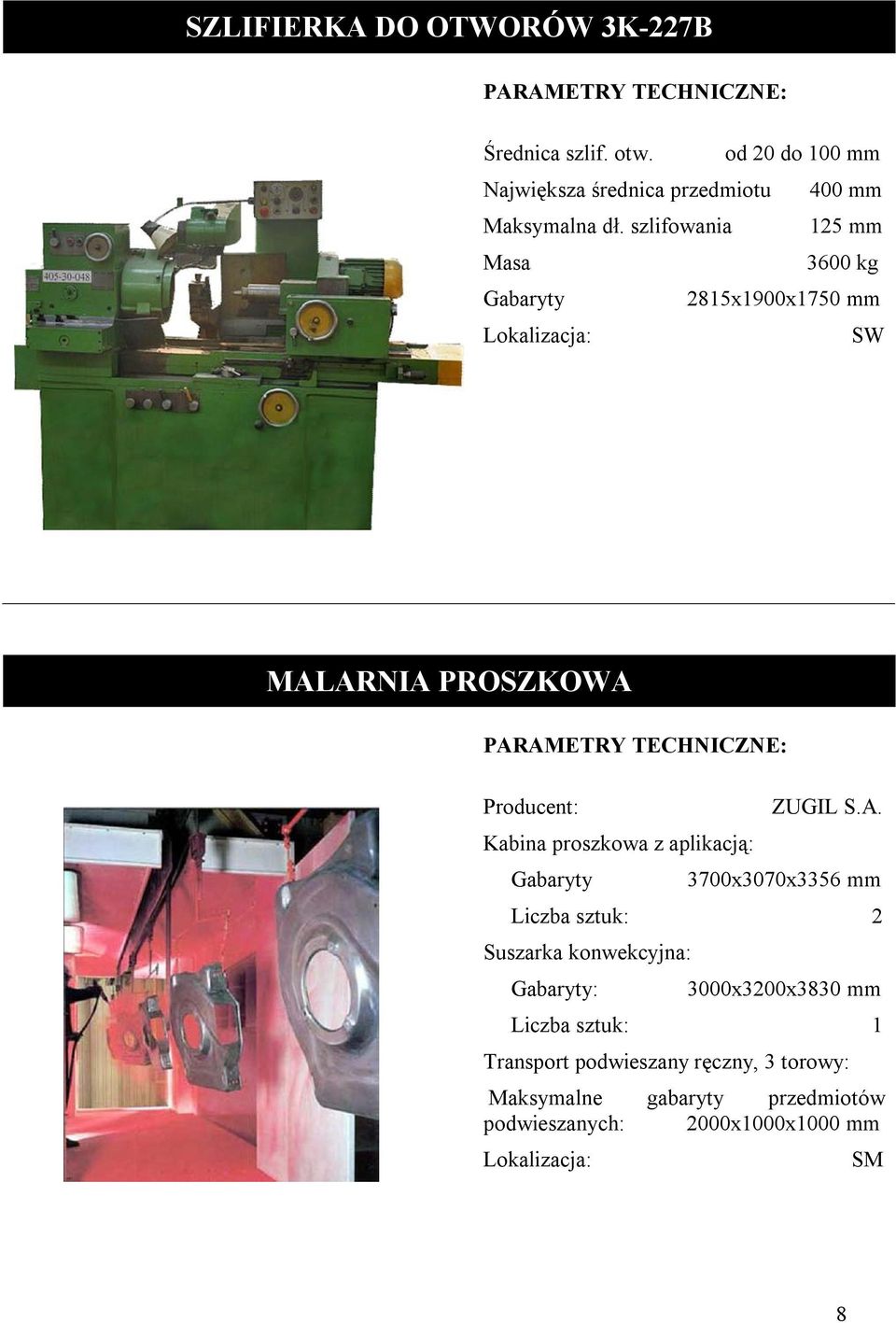 szlifowania 125 mm Masa 3600 kg 2815x1900x1750 mm MALARNIA PROSZKOWA Producent:...ZUGIL S.A. Kabina proszkowa z aplikacją: :.