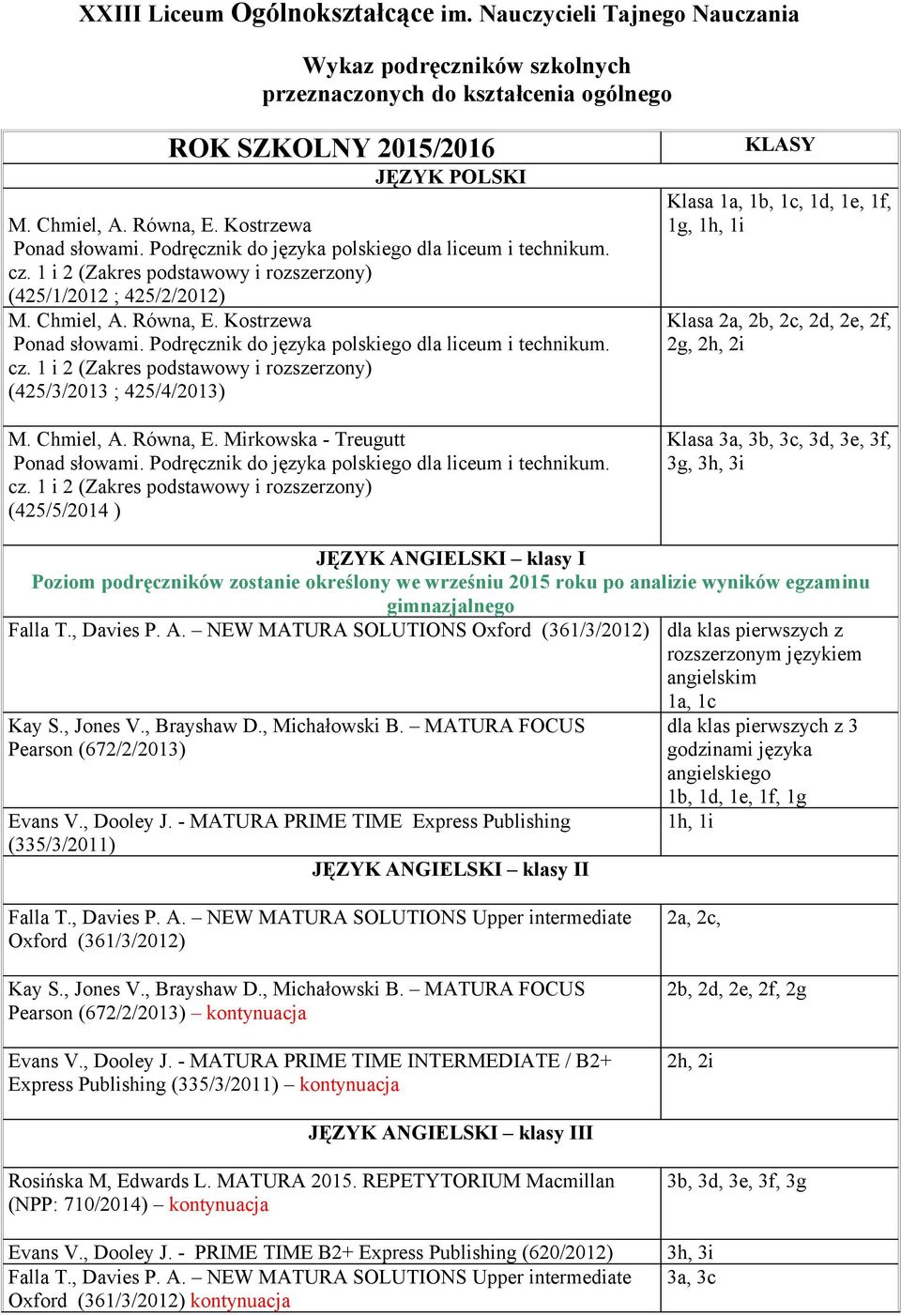 Podręcznik do języka polskiego dla liceum i technikum. cz. 1 i 2 (Zakres podstawowy i rozszerzony) (425/3/2013 ; 425/4/2013) M. Chmiel, A. Równa, E. Mirkowska - Treugutt Ponad słowami.