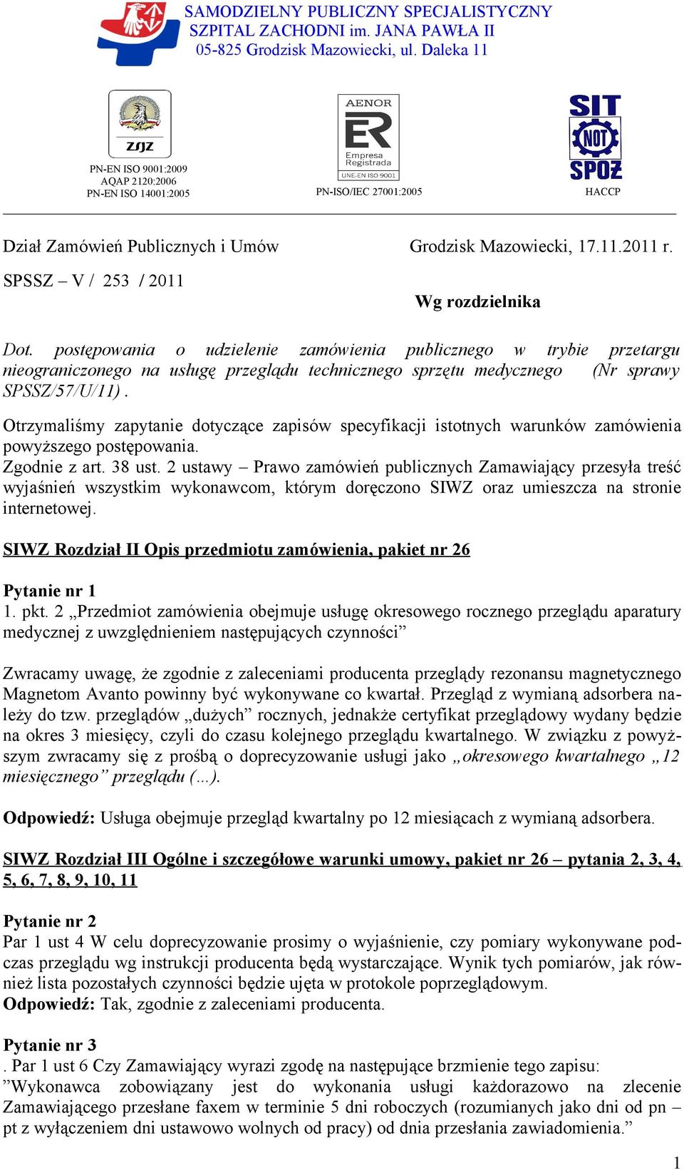 SPSSZ V / 253 / 2011 Wg rozdzielnika Dot.