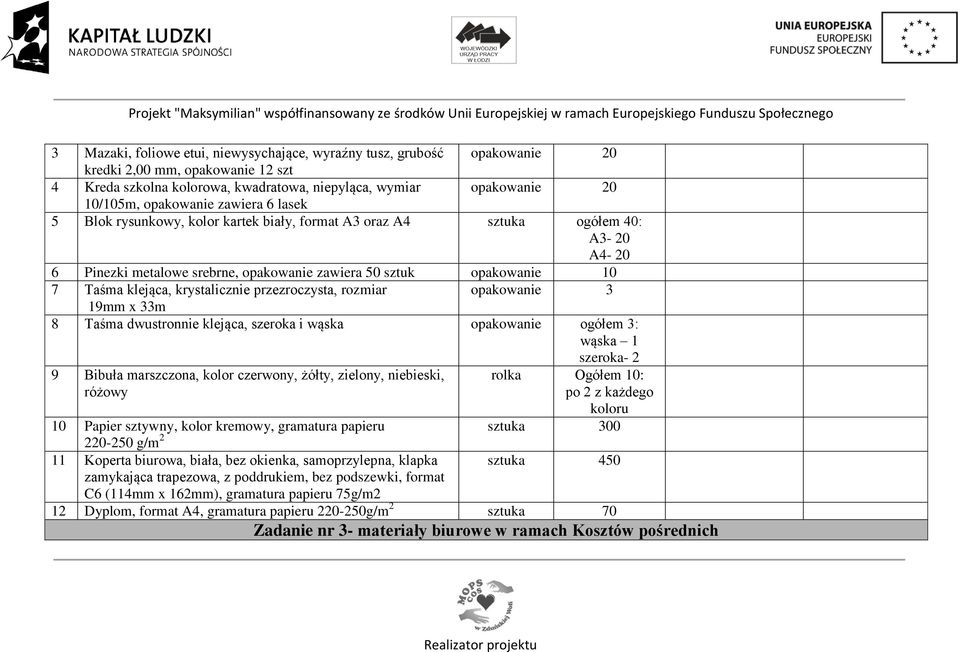 krystalicznie przezroczysta, rozmiar opakowanie 3 19mm x 33m 8 Taśma dwustronnie klejąca, szeroka i wąska opakowanie ogółem 3: wąska 1 szeroka- 2 9 Bibuła marszczona, kolor czerwony, żółty, zielony,