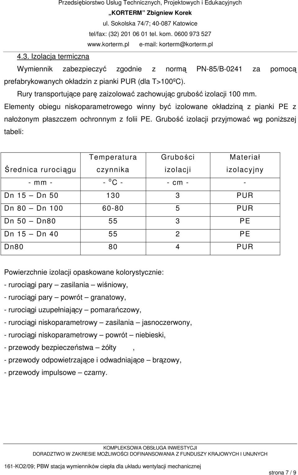 Grubość izolacji przyjmować wg poniŝszej tabeli: Średnica rurociągu Temperatura czynnika Grubości izolacji Materiał izolacyjny - mm - - o C - - cm - - Dn 15 Dn 50 130 3 PUR Dn 80 Dn 100 60-80 5 PUR