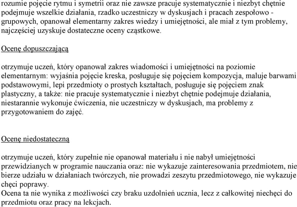 Ocenę dopuszczającą otrzymuje uczeń, który opanował zakres wiadomości i umiejętności na poziomie elementarnym: wyjaśnia pojęcie kreska, posługuje się pojęciem kompozycja, maluje barwami podstawowymi,