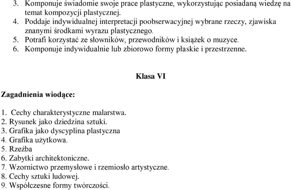 Potrafi korzystać ze słowników, przewodników i książek o muzyce. 6. Komponuje indywidualnie lub zbiorowo formy płaskie i przestrzenne. Zagadnienia wiodące: Klasa VI 1.