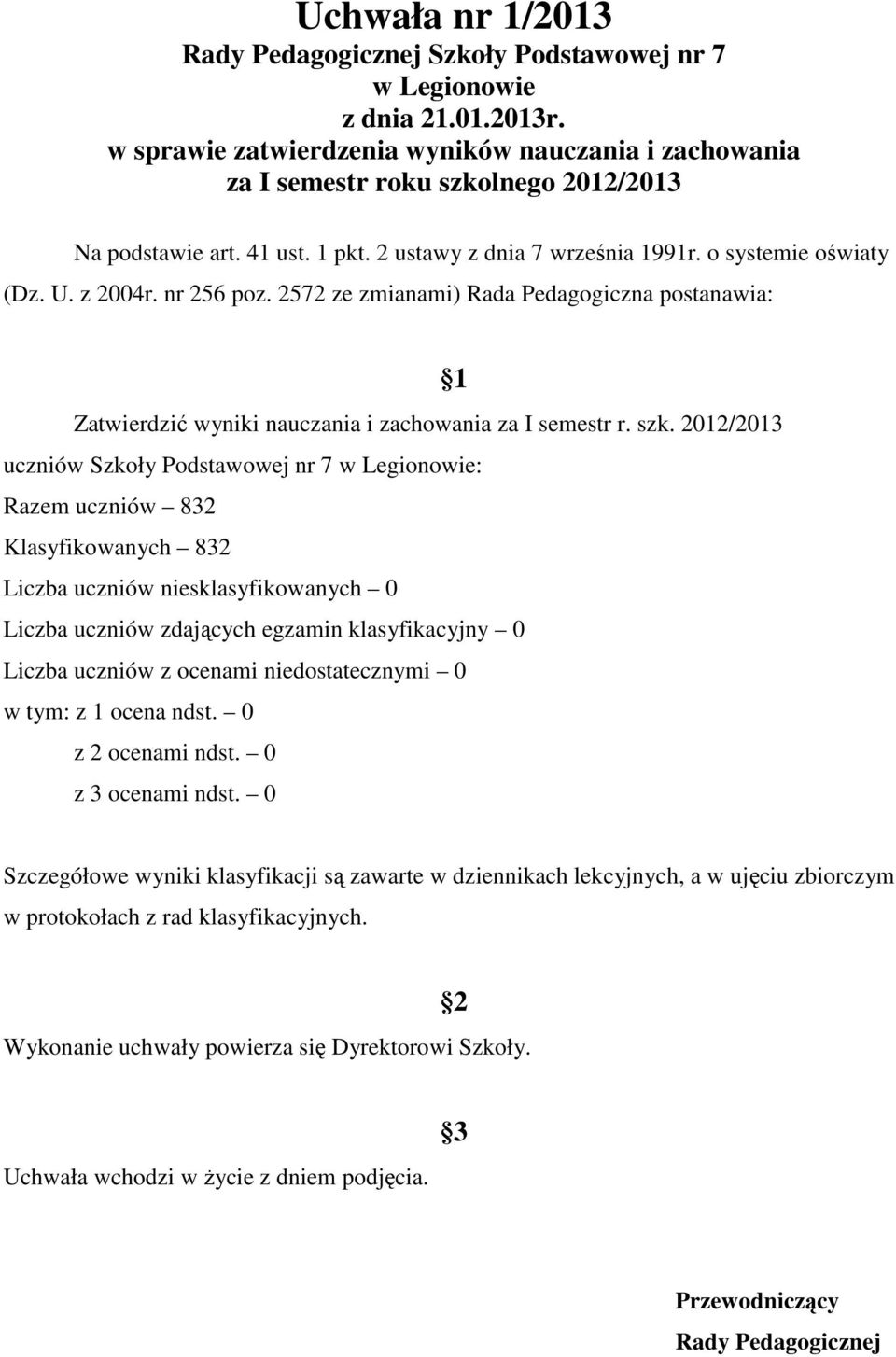 2012/2013 uczniów Szkoły Podstawowej nr 7 w Legionowie: Razem uczniów 832 Klasyfikowanych 832 Liczba uczniów niesklasyfikowanych 0 Liczba uczniów zdających egzamin klasyfikacyjny 0 Liczba uczniów z