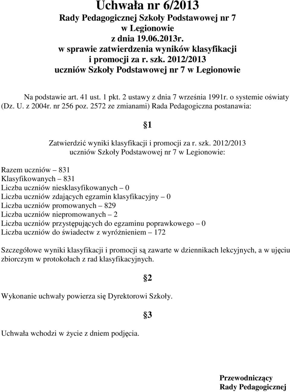 2572 ze zmianami) Rada Pedagogiczna postanawia: 1 Zatwierdzić wyniki klasyfikacji i promocji za r. szk.