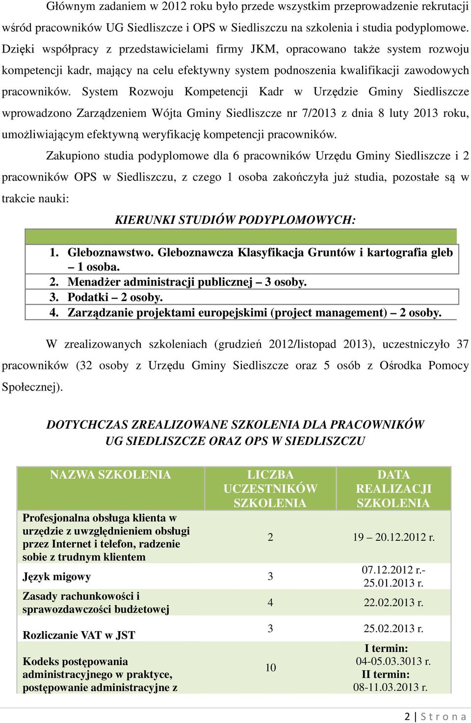 System Rozwoju Kompetencji Kadr w Urzędzie Gminy Siedliszcze wprowadzono Zarządzeniem Wójta Gminy Siedliszcze nr 7/2013 z dnia 8 luty 2013 roku, umożliwiającym efektywną weryfikację kompetencji