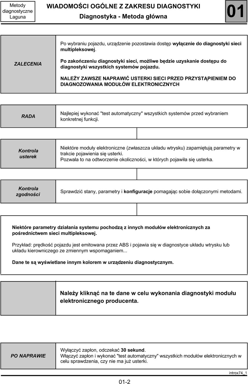 NALEŻY ZAWSZE NAPRAWIĆ USTERKI SIECI PRZED PRZYSTĄPIENIEM DO DIAGNOZOWANIA MODUŁÓW ELEKTRONICZNYCH RADA Najlepiej wykonać "test automatyczny" wszystkich systemów przed wybraniem konkretnej funkcji.