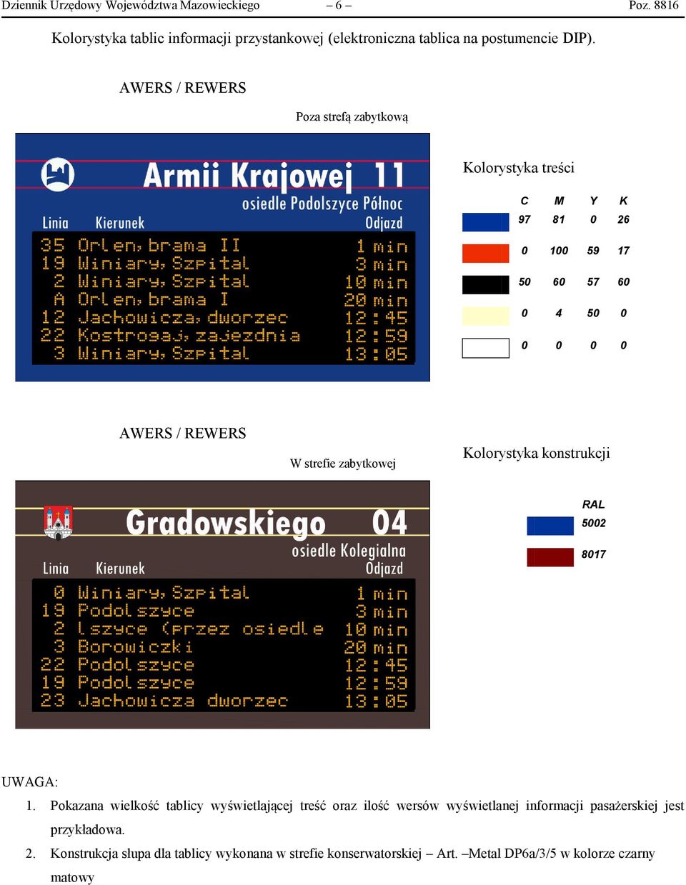 strefie zabytkowej Kolorystyka konstrukcji tablicy RAL 5002 8017 UWAGA: 1.