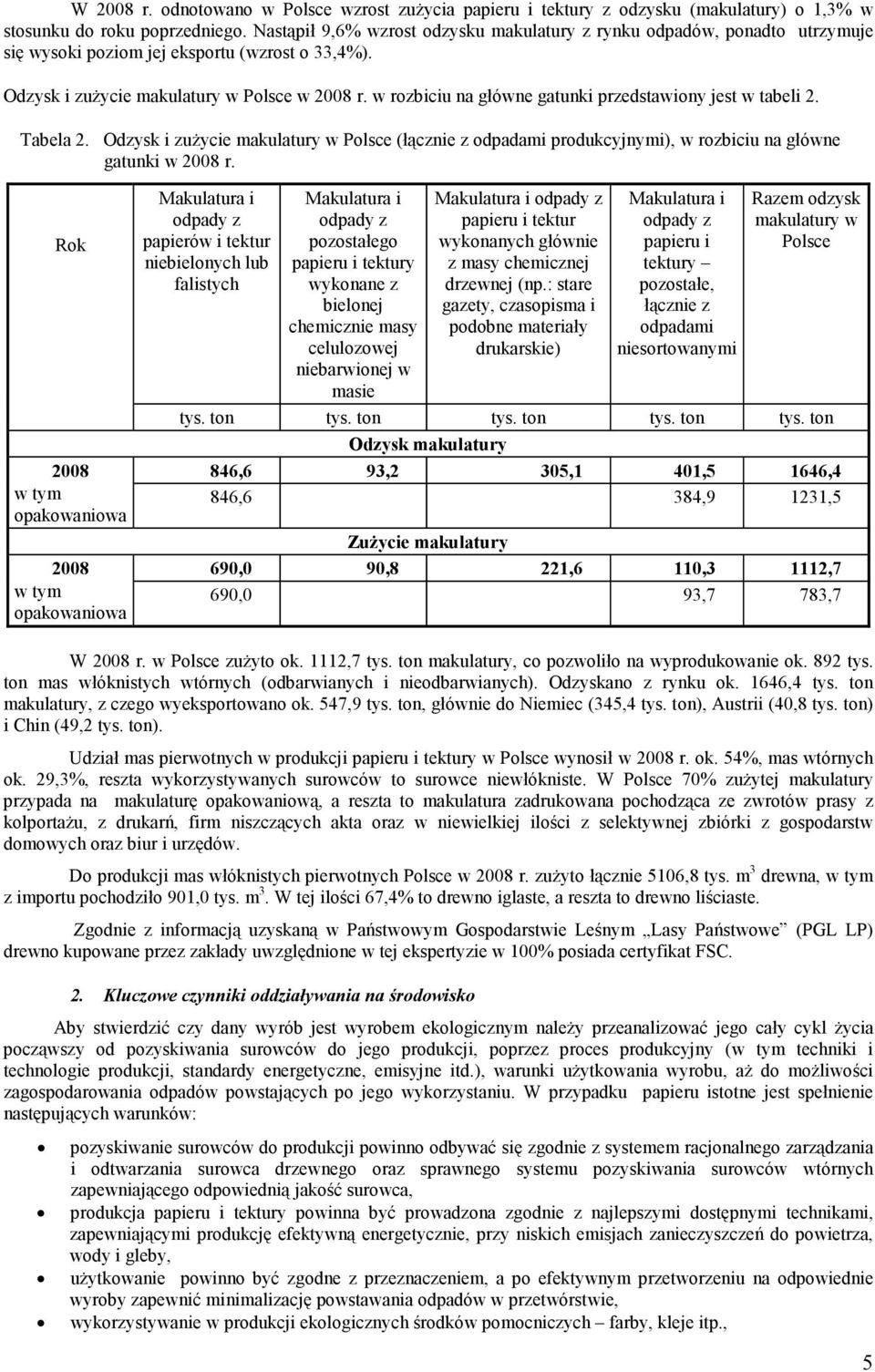 w rozbiciu na główne gatunki przedstawiony jest w tabeli 2. Tabela 2. Odzysk i zuŝycie makulatury w Polsce (łącznie z odpadami produkcyjnymi), w rozbiciu na główne gatunki w 2008 r.