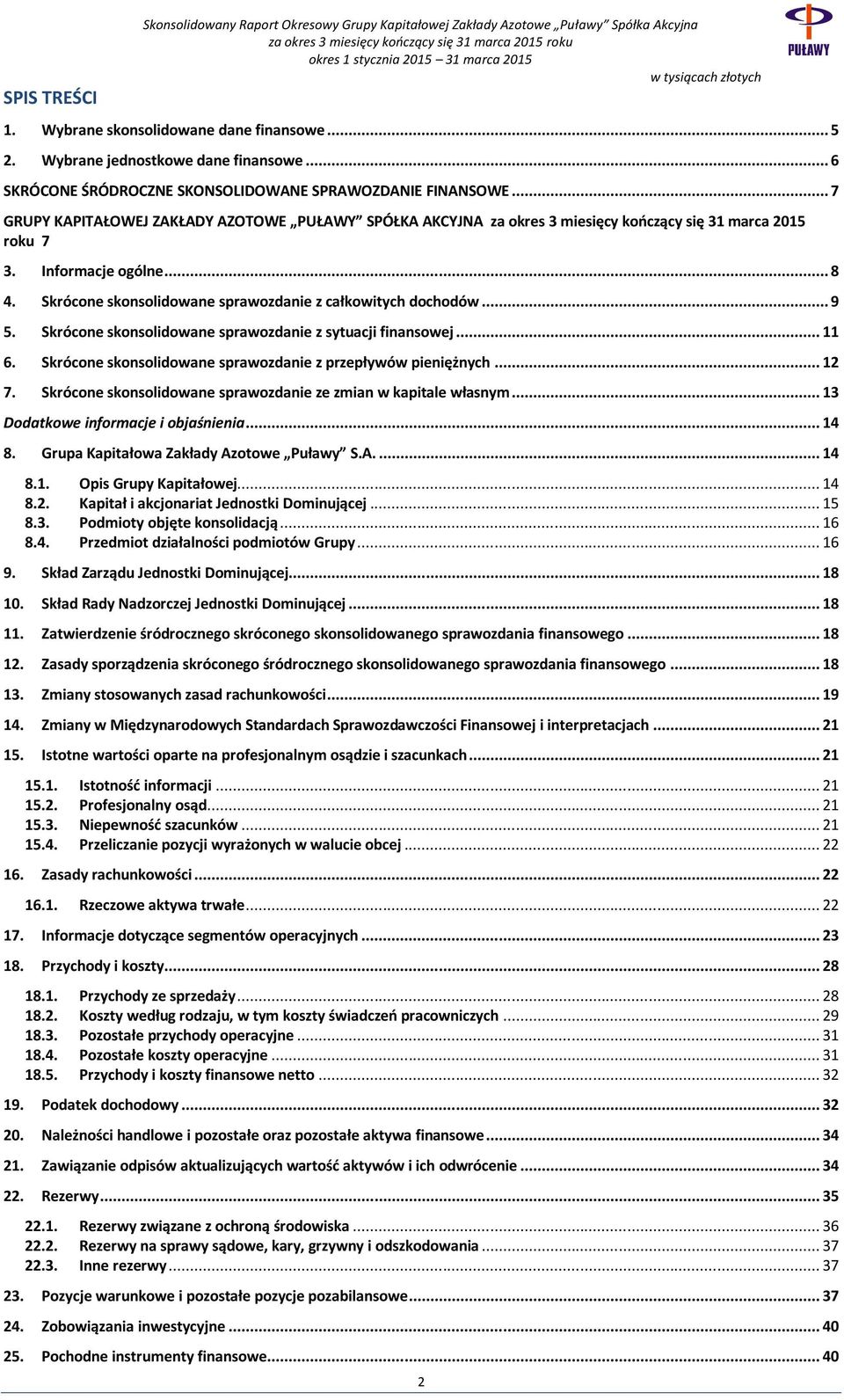 .. 8 4. Skrócone skonsolidowane sprawozdanie z całkowitych dochodów... 9 5. Skrócone skonsolidowane sprawozdanie z sytuacji finansowej... 11 6.