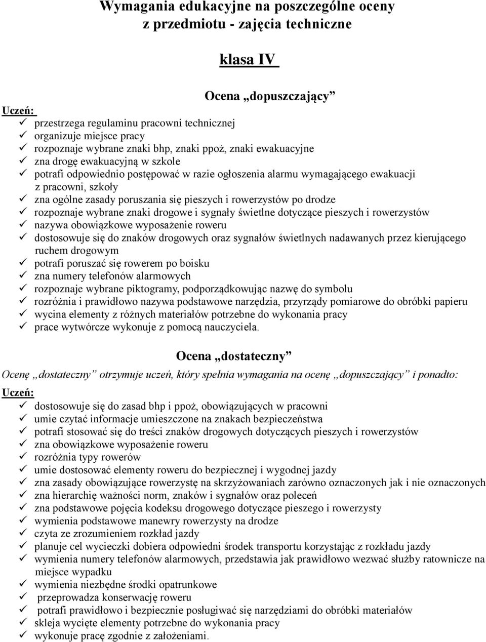 pieszych i rowerzystów po drodze rozpoznaje wybrane znaki drogowe i sygnały świetlne dotyczące pieszych i rowerzystów nazywa obowiązkowe wyposażenie roweru dostosowuje się do znaków drogowych oraz