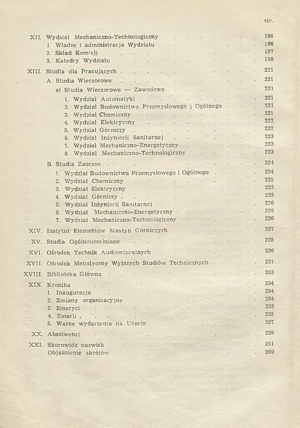 .. 221 3. W ydział C h e m i c z n y...221 4. W ydział E l e k t r y c z n y... 222 5. W ydział G ó r n i c z y... 222 6. W ydział Inżynierii S a n i t a r n e j... 223 7.