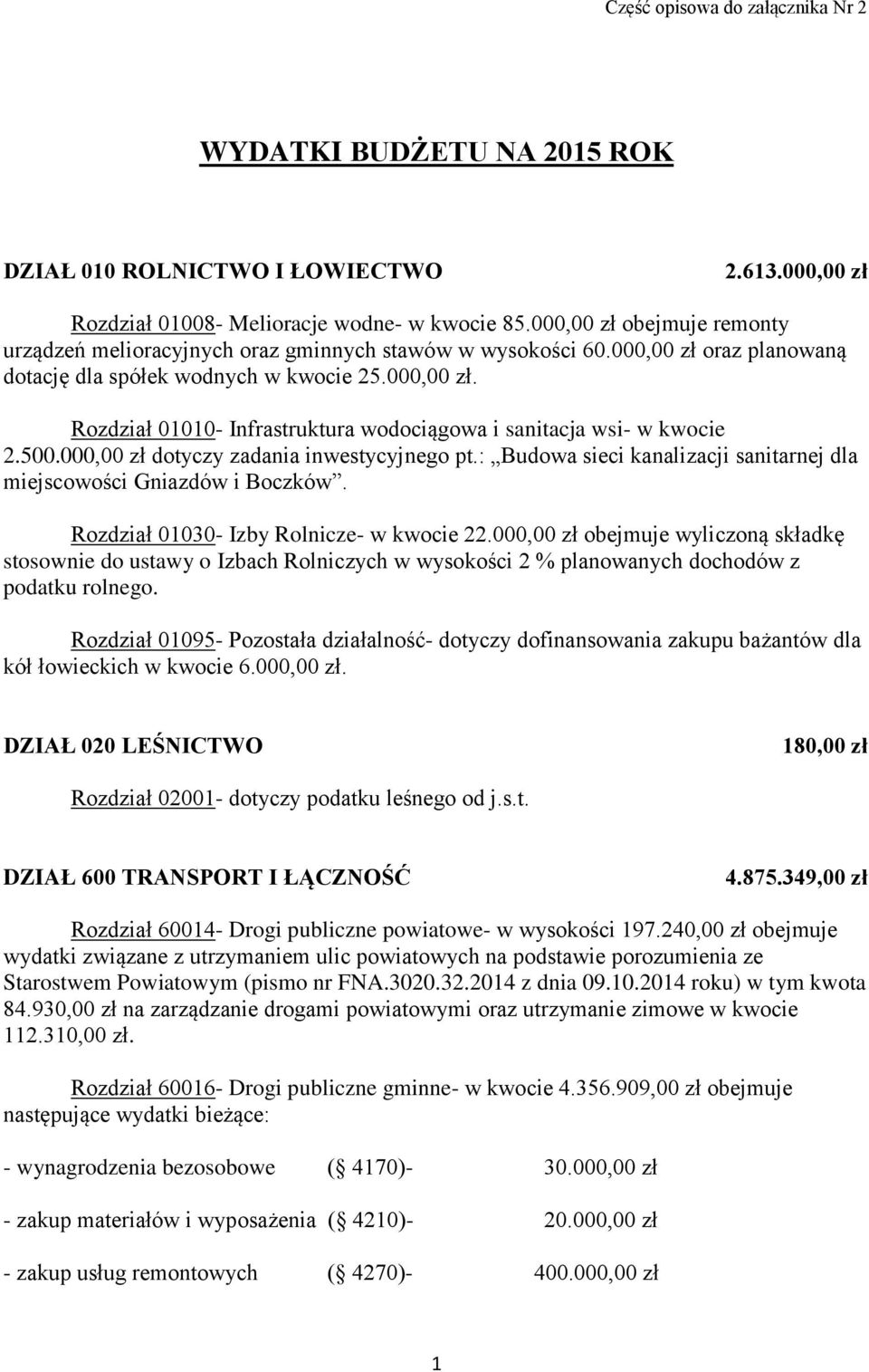 500.000,00 zł dotyczy zadania inwestycyjnego pt.: Budowa sieci kanalizacji sanitarnej dla miejscowości Gniazdów i Boczków. Rozdział 01030- Izby Rolnicze- w kwocie 22.