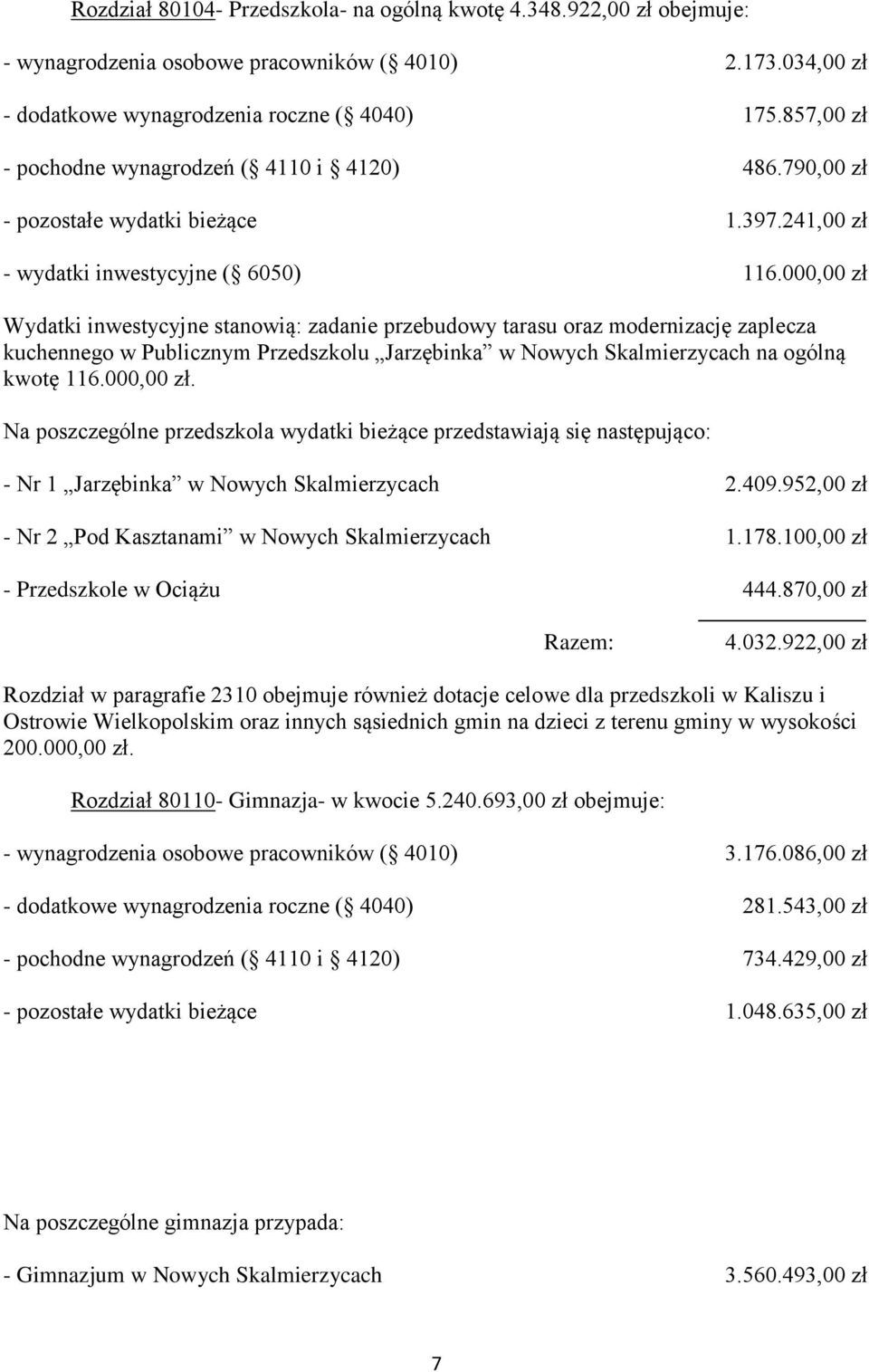 000,00 zł Wydatki inwestycyjne stanowią: zadanie przebudowy tarasu oraz modernizację zaplecza kuchennego w Publicznym Przedszkolu Jarzębinka w Nowych Skalmierzycach na ogólną kwotę 116.000,00 zł. Na poszczególne przedszkola wydatki bieżące przedstawiają się następująco: - Nr 1 Jarzębinka w Nowych Skalmierzycach 2.