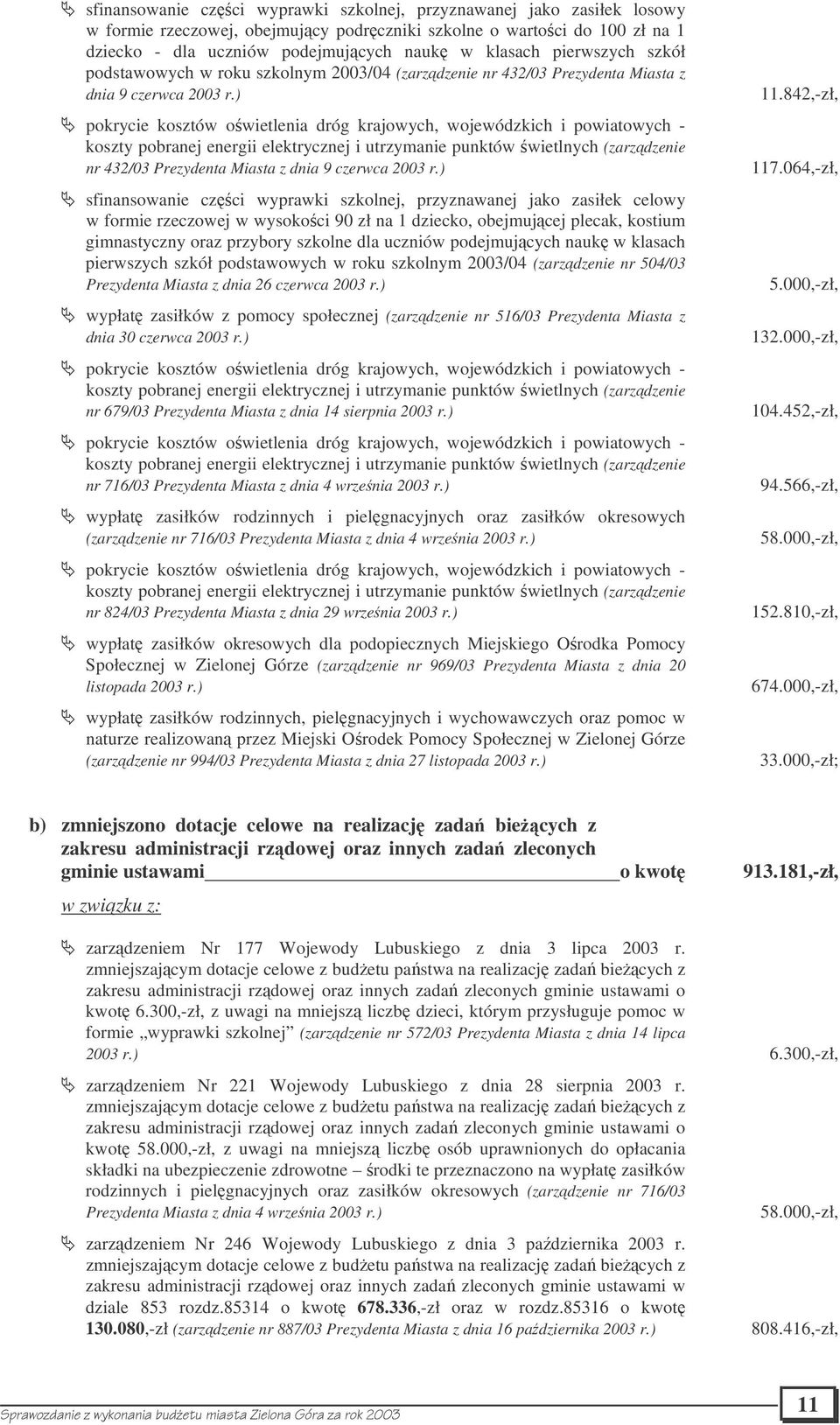 ) pokrycie kosztów owietlenia dróg krajowych, wojewódzkich i powiatowych - koszty pobranej energii elektrycznej i utrzymanie punktów wietlnych (zarzdzenie nr 432/03 Prezydenta Miasta z dnia 9 czerwca