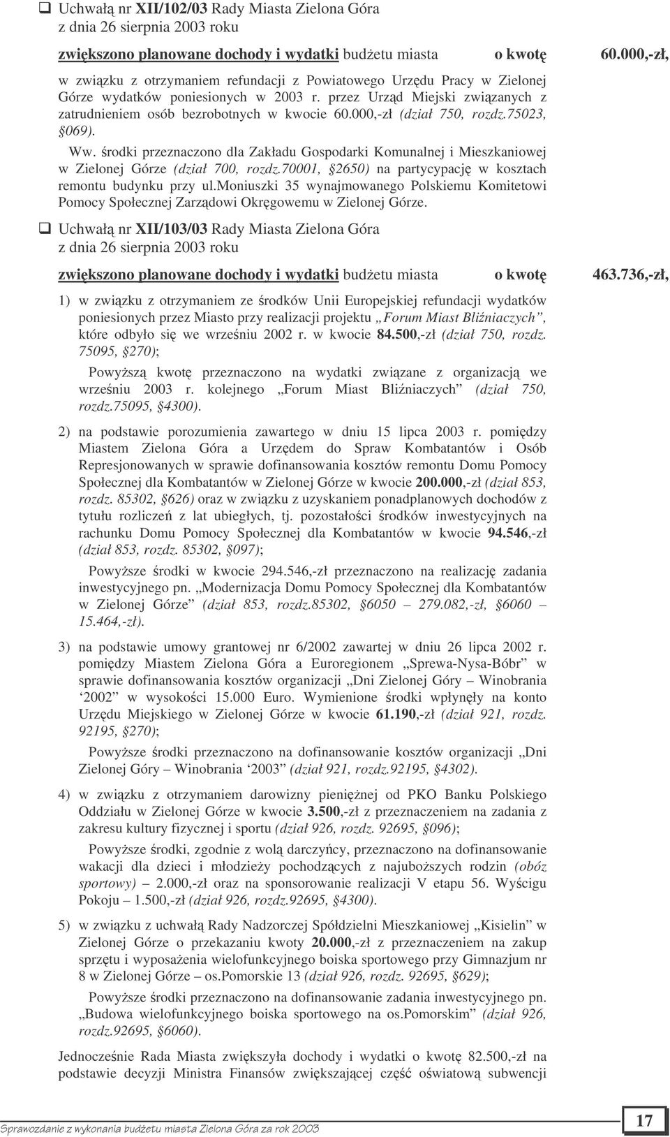 000,-zł (dział 750, rozdz.75023, 069). Ww. rodki przeznaczono dla Zakładu Gospodarki Komunalnej i Mieszkaniowej w Zielonej Górze (dział 700, rozdz.