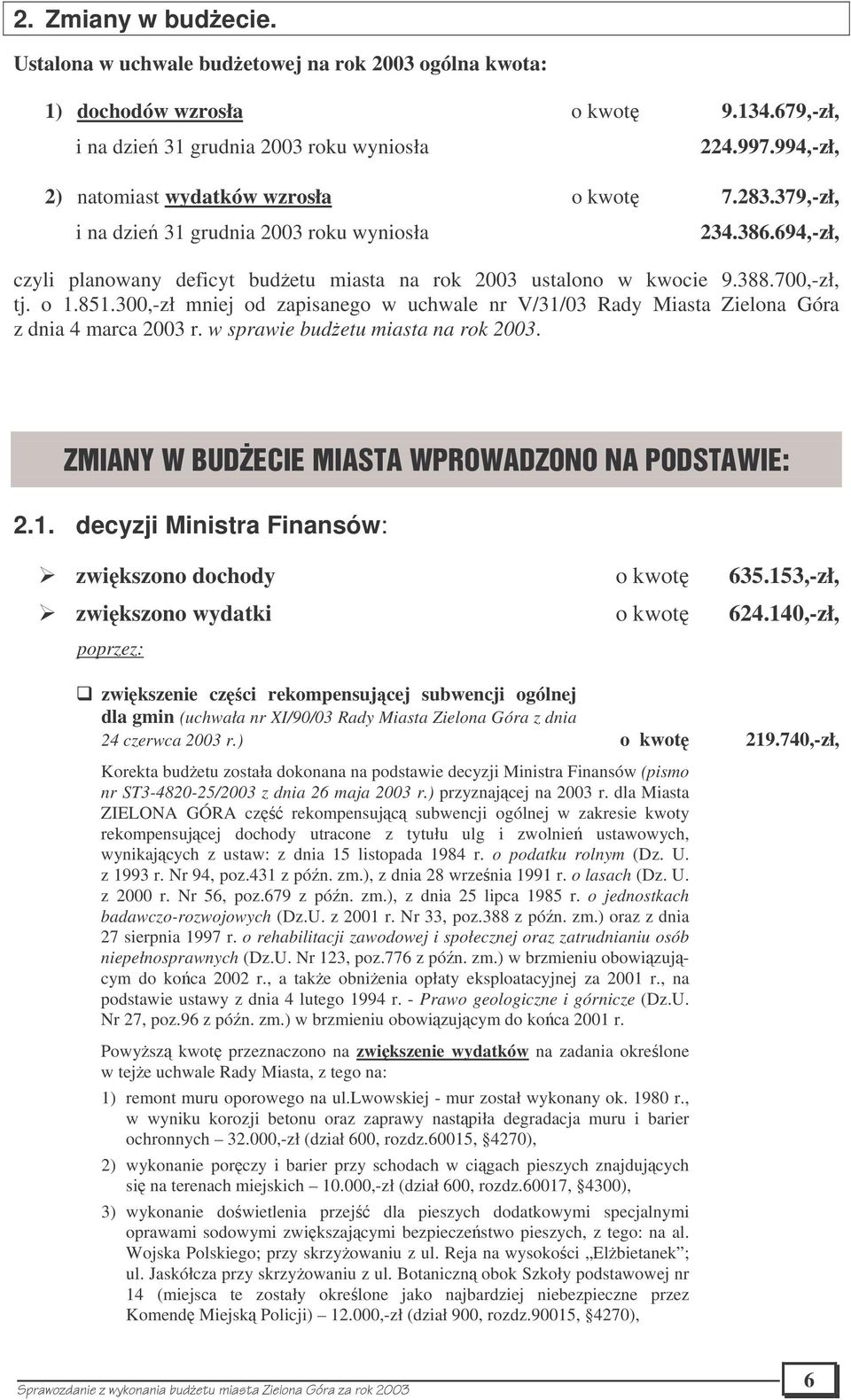 700,-zł, tj. o 1.851.300,-zł mniej od zapisanego w uchwale nr V/31/03 Rady Miasta Zielona Góra z dnia 4 marca 2003 r. w sprawie budetu miasta na rok 2003. 2.1. decyzji Ministra Finansów: zwikszono dochody o kwot 635.