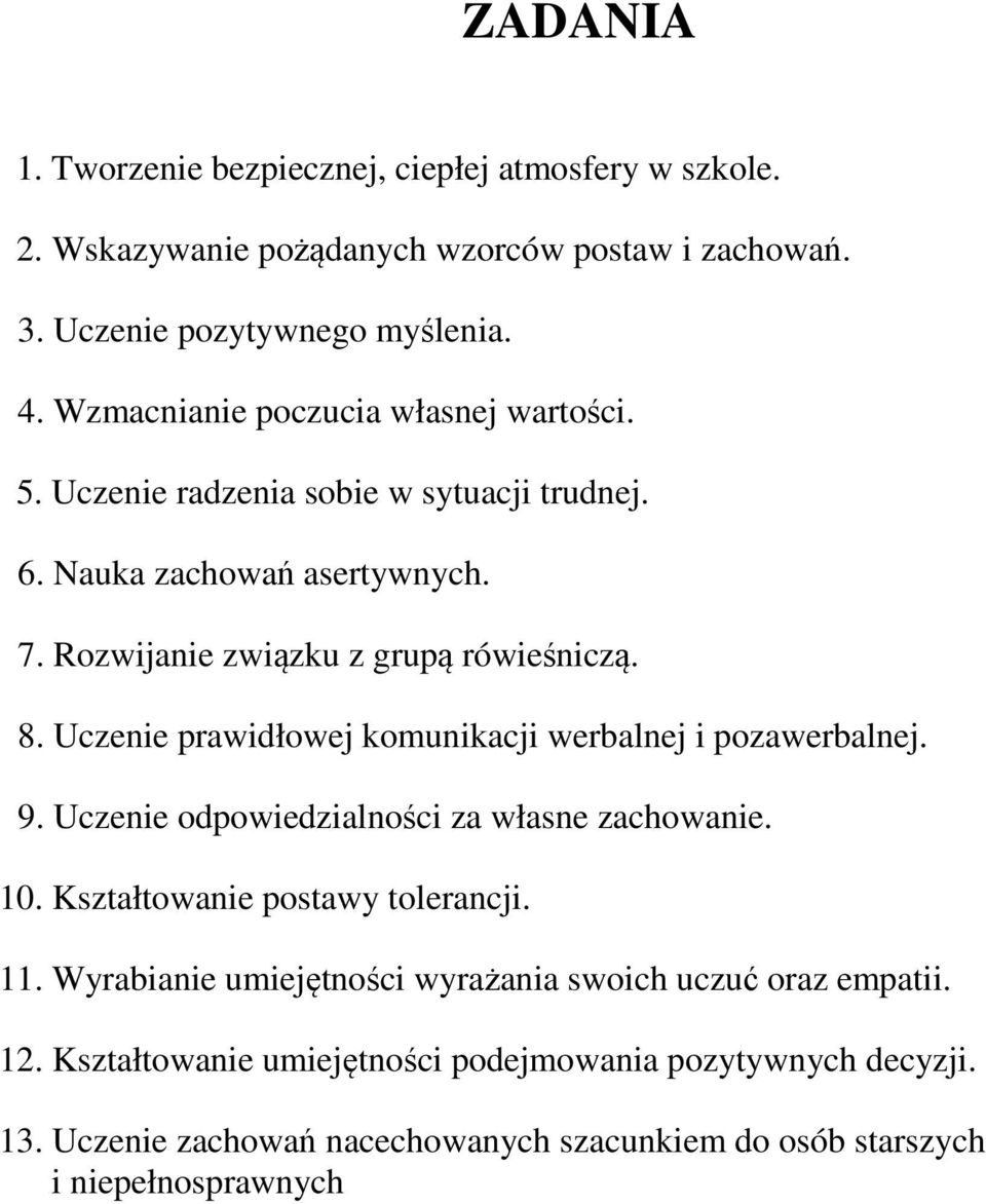 Uczenie prawidłowej komunikacji werbalnej i pozawerbalnej. 9. Uczenie odpowiedzialności za własne zachowanie. 10. Kształtowanie postawy tolerancji. 11.