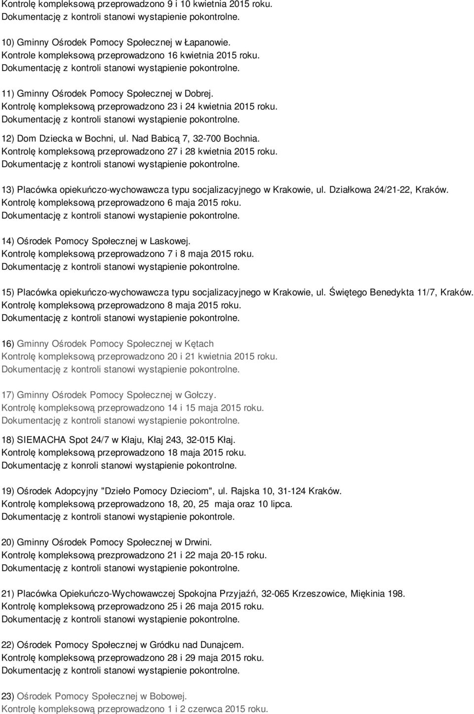 Kontrolę kompleksową przeprowadzono 27 i 28 kwietnia 2015 roku. 13) Placówka opiekuńczo-wychowawcza typu socjalizacyjnego w Krakowie, ul. Działkowa 24/21-22, Kraków.