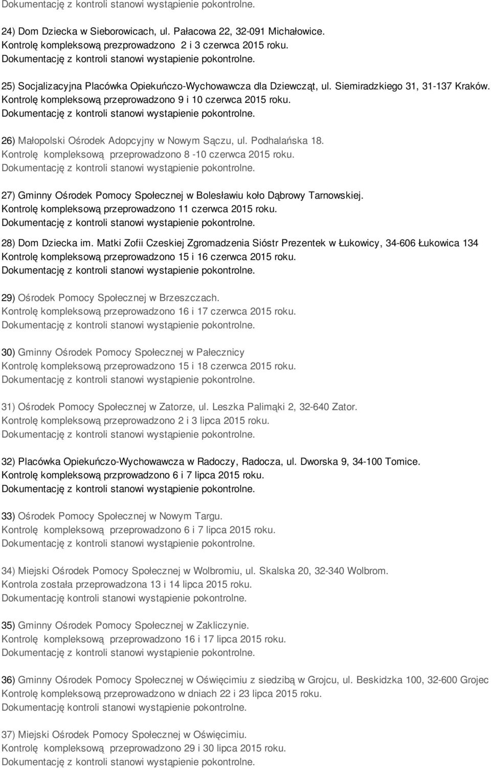 Kontrolę kompleksową przeprowadzono 8-10 czerwca 2015 roku. 27) Gminny Ośrodek Pomocy Społecznej w Bolesławiu koło Dąbrowy Tarnowskiej. Kontrolę kompleksową przeprowadzono 11 czerwca 2015 roku.