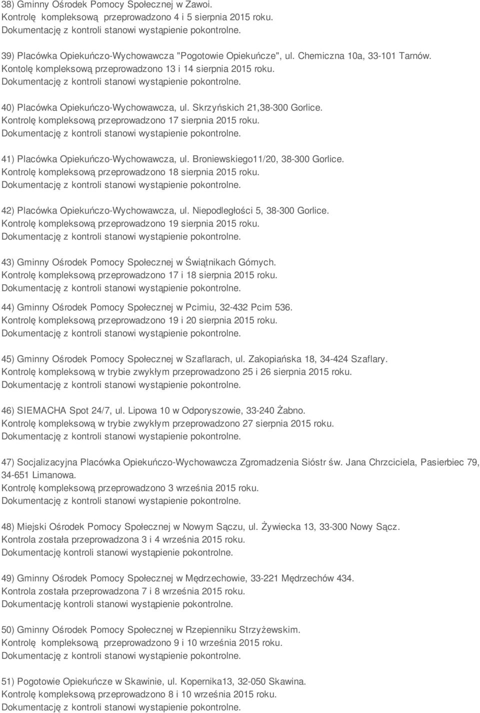 Kontrolę kompleksową przeprowadzono 17 sierpnia 2015 roku. 41) Placówka Opiekuńczo-Wychowawcza, ul. Broniewskiego11/20, 38-300 Gorlice. Kontrolę kompleksową przeprowadzono 18 sierpnia 2015 roku.