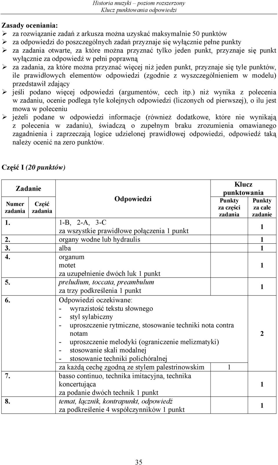 punktów, ile prawidłowych elementów odpowiedzi (zgodnie z wyszczególnieniem w modelu) przedstawił zdający jeśli podano więcej odpowiedzi (argumentów, cech itp.