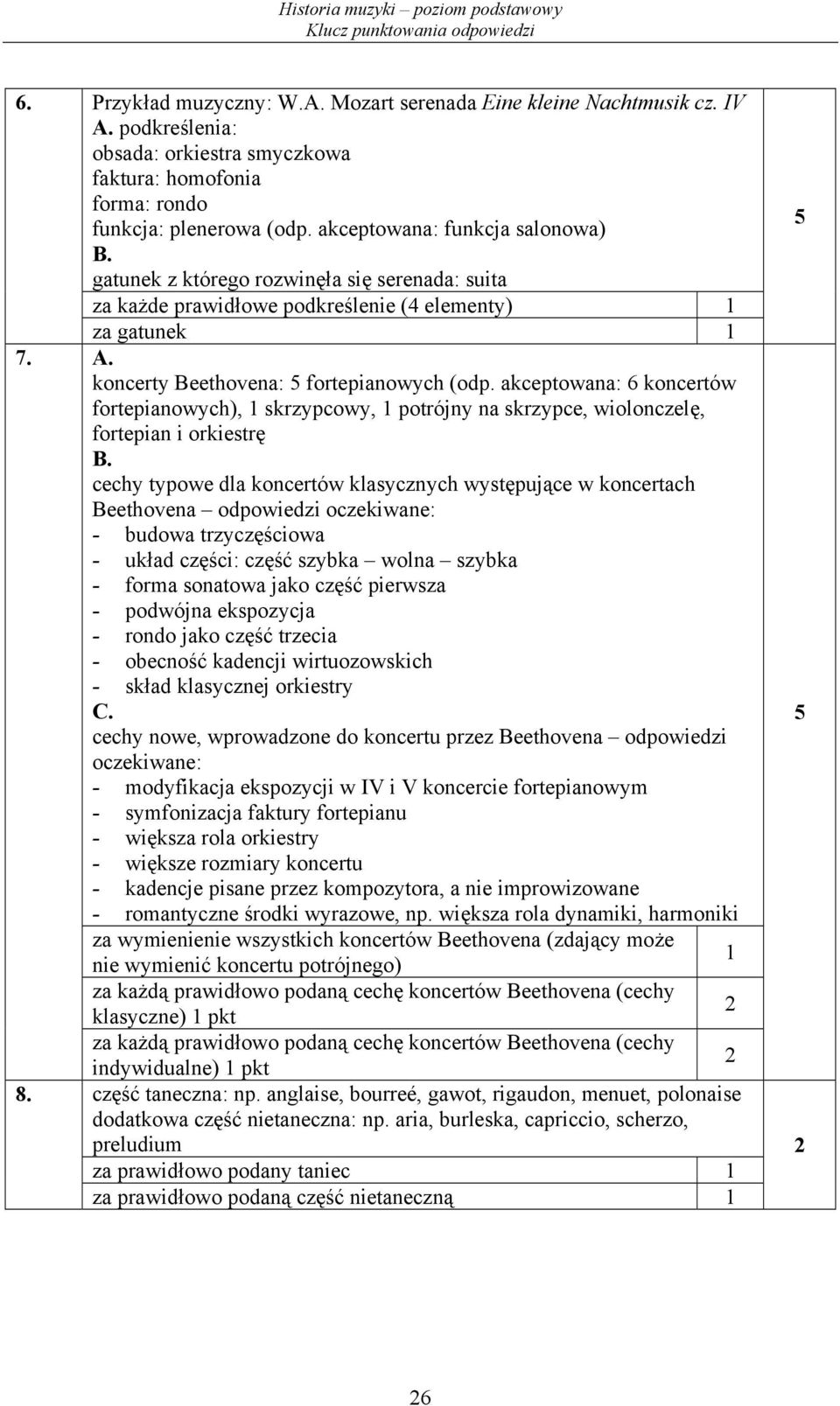 gatunek z którego rozwinęła się serenada: suita za każde prawidłowe podkreślenie (4 elementy) za gatunek A. koncerty Beethovena: 5 fortepianowych (odp.