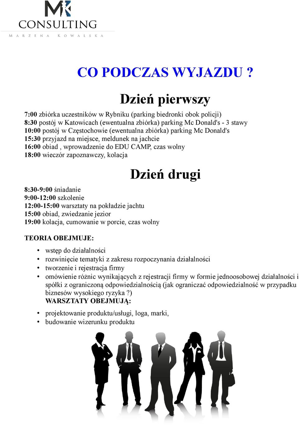 zbiórka) parking Mc Donald's 15:30 przyjazd na miejsce, meldunek na jachcie 16:00 obiad, wprowadzenie do EDU CAMP, czas wolny 18:00 wieczór zapoznawczy, kolacja 9:00-12:00 szkolenie 12:00-15:00