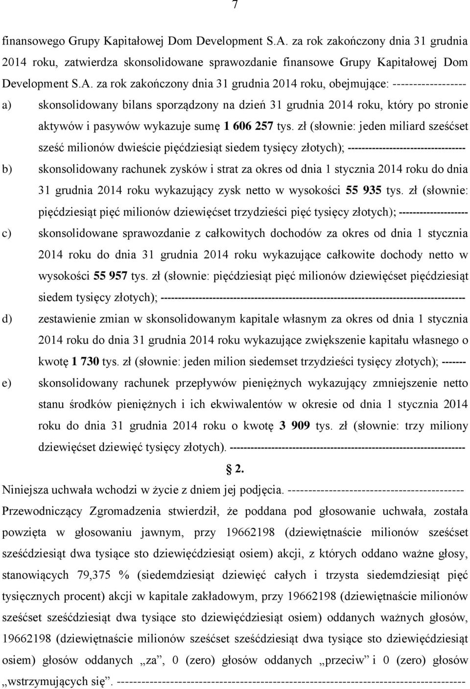 za rok zakończony dnia 31 grudnia 2014 roku, obejmujące: ------------------ a) skonsolidowany bilans sporządzony na dzień 31 grudnia 2014 roku, który po stronie aktywów i pasywów wykazuje sumę 1 606