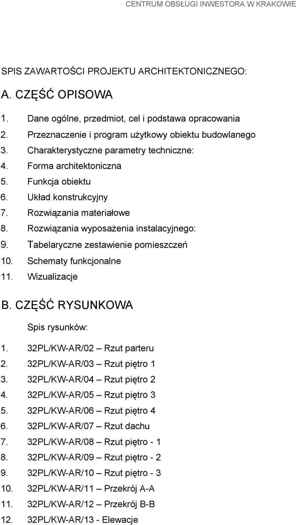 Rozwiązania wyposażenia instalacyjnego: 9. Tabelaryczne zestawienie pomieszczeń 10. Schematy funkcjonalne 11. Wizualizacje B. CZĘŚĆ RYSUNKOWA Spis rysunków: 1. 32PL/KW-AR/02 Rzut parteru 2.