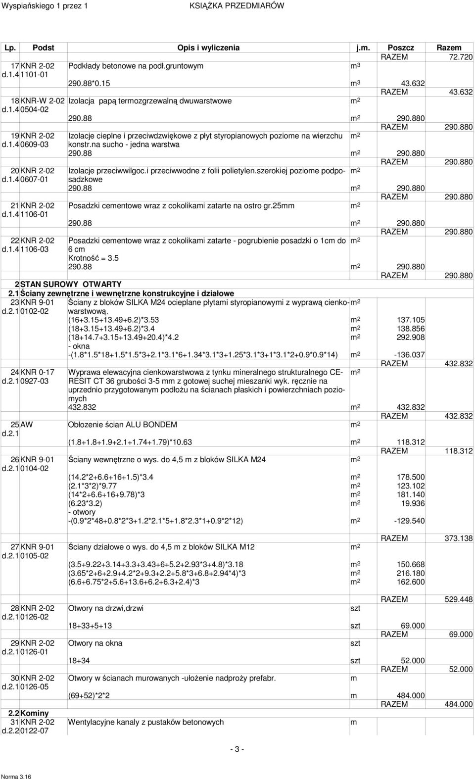 i przeciwwodne z folii polietylen.szerokiej poziome podposadzkowe d.1.40607-01 290.88 290.880 21KNR 2-02 Posadzki cementowe wraz z cokolikami zatarte na ostro gr.25mm d.1.41106-01 290.88 290.880 22KNR 2-02 Posadzki cementowe wraz z cokolikami zatarte - pogrubienie posadzki o 1cm do d.