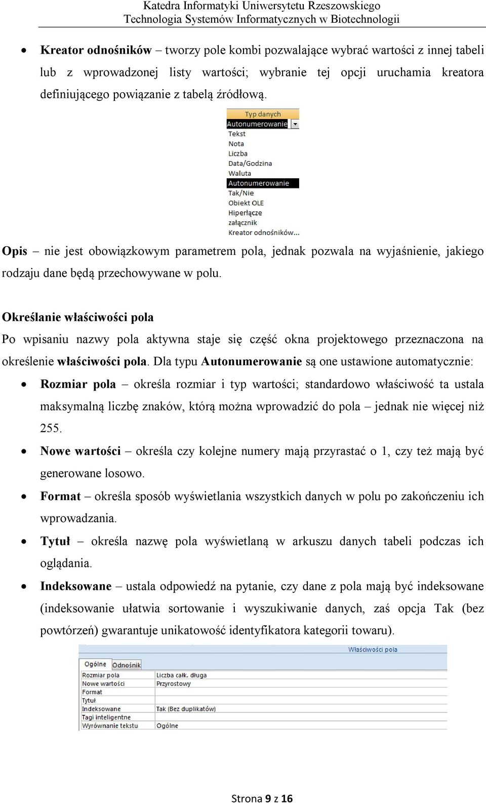 Określanie właściwości pola Po wpisaniu nazwy pola aktywna staje się część okna projektowego przeznaczona na określenie właściwości pola.