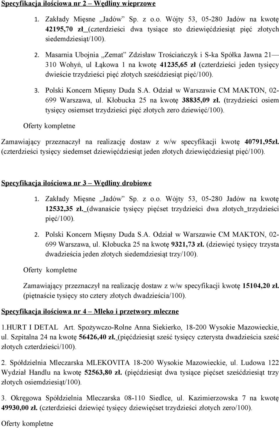 pięć/100). 3. Polski Koncern Mięsny Duda S.A. Odział w Warszawie CM MAKTON, 02-699 Warszawa, ul. Kłobucka 25 na kwotę 38835,09 zł.