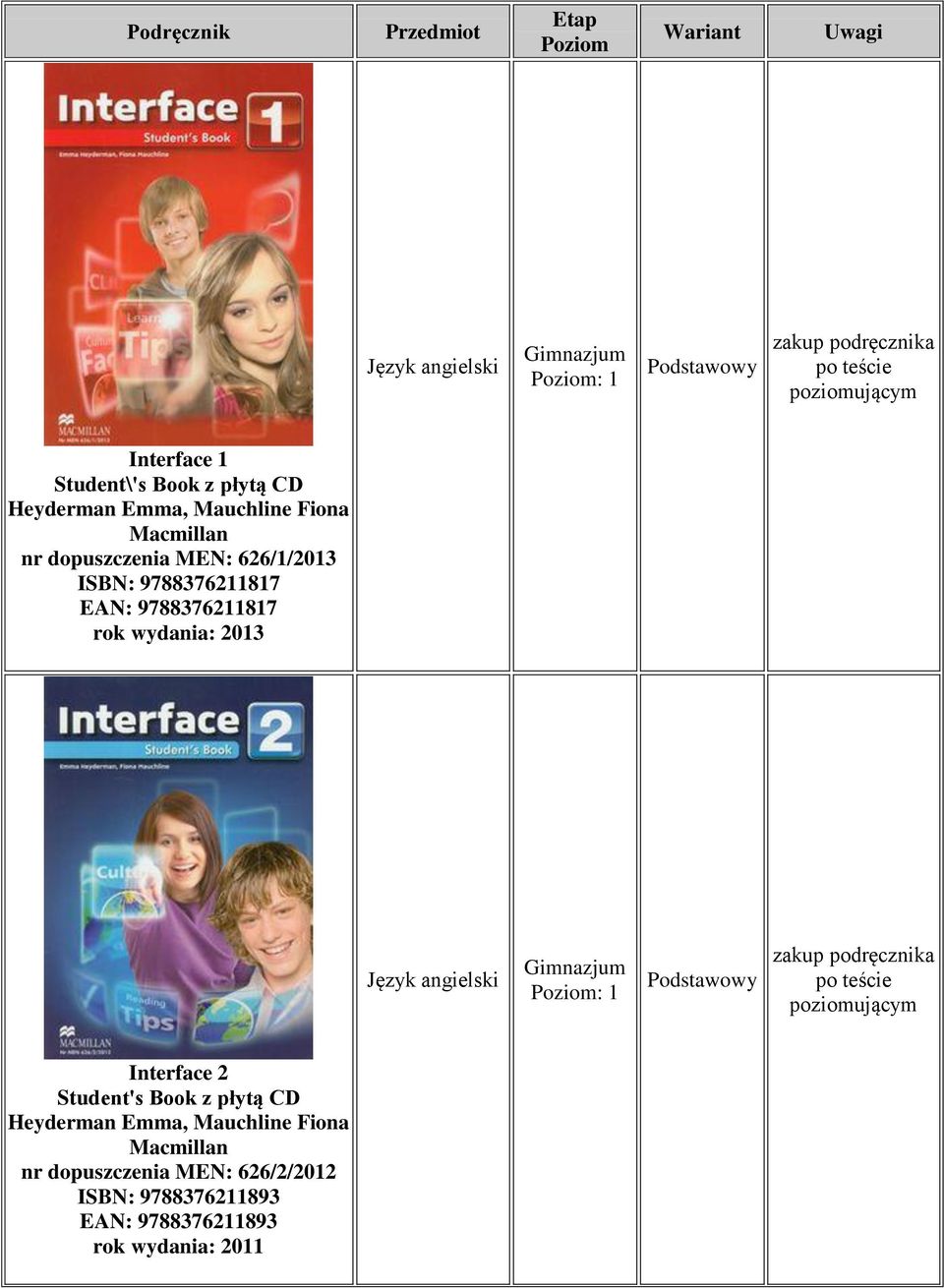 wydania: 2013 Język angielski : 1 zakup podręcznika po teście poziomującym Interface 2 Student's Book z płytą CD