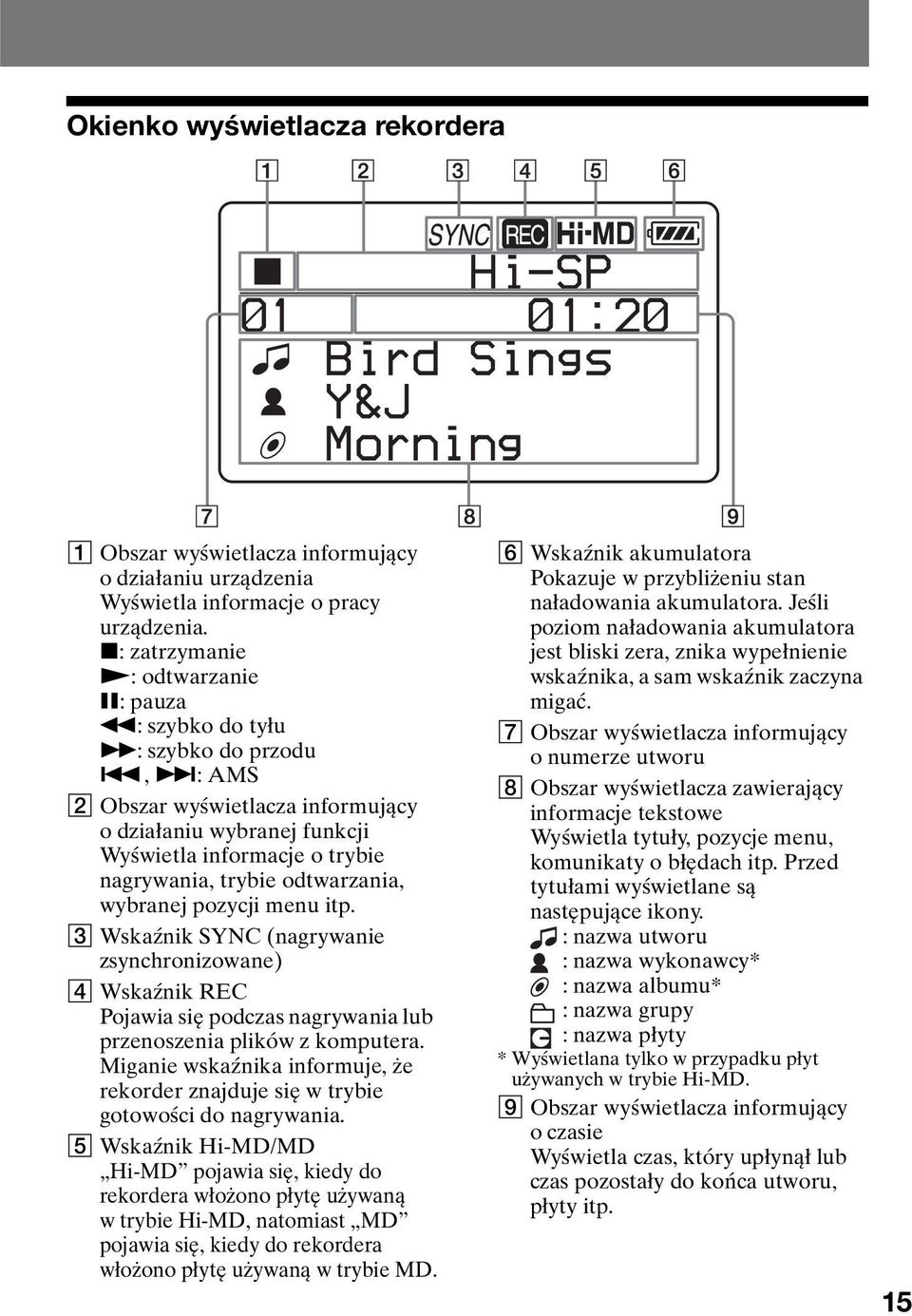 , >: AMS B Obszar wyświetlacza informujący o działaniu wybranej funkcji Wyświetla informacje o trybie nagrywania, trybie odtwarzania, wybranej pozycji menu itp.