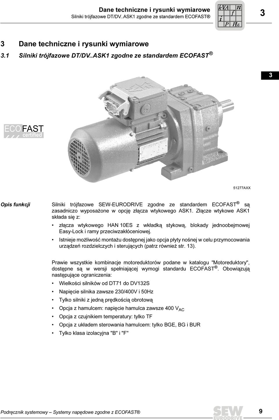 .ASK zgodne ze standardem ECOFAST 5 ECOFAST certified 6 8 9 Opis funkcji 5AXX Silniki trójfazowe SEW-EURODRIVE zgodne ze standardem ECOFAST są zasadniczo wyposażone w opcję złącza wtykowego ASK.