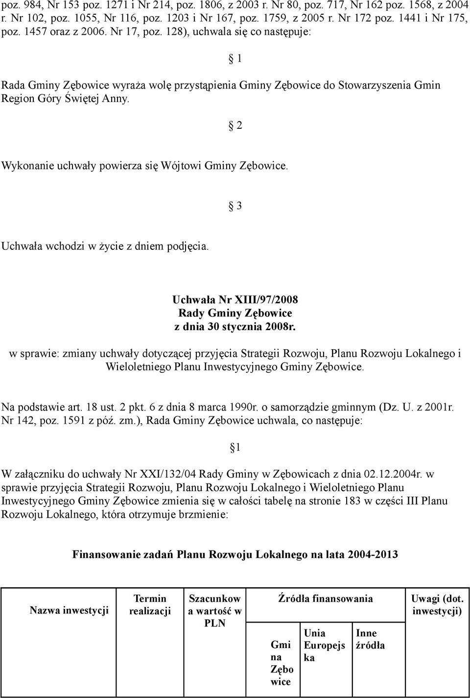 1 2 Wykonanie uchwały powierza się Wójtowi Gminy Zębowice. 3 Uchwała wchodzi w życie z dniem podjęcia. Uchwała Nr XIII/97/2008 Rady Gminy Zębowice z dnia 30 stycznia 2008r.