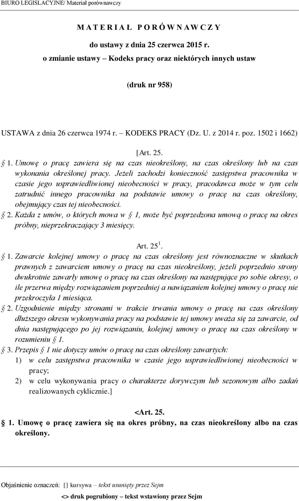 74 r. KODEKS PRACY (Dz. U. z 2014 r. poz. 1502 i 1662) [Art. 25. 1. Umowę o pracę zawiera się na czas nieokreślony, na czas określony lub na czas wykonania określonej pracy.