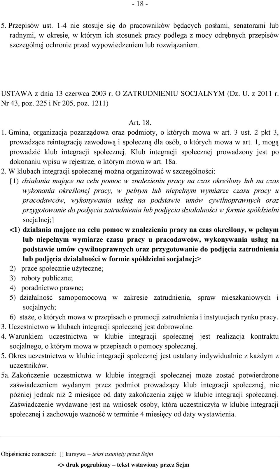 rozwiązaniem. USTAWA z dnia 13 czerwca 2003 r. O ZATRUDNIENIU SOCJALNYM (Dz. U. z 2011 r. Nr 43, poz. 225 i Nr 205, poz. 1211) Art. 18. 1. Gmina, organizacja pozarządowa oraz podmioty, o których mowa w art.