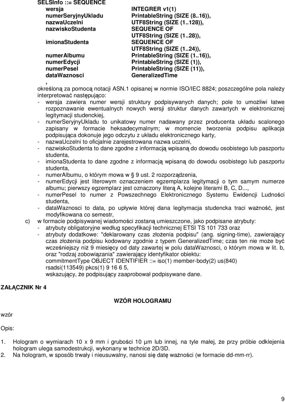 .16)), numeredycji PrintableString (SIZE (1)), numerpesel PrintableString (SIZE (11)), datawaznosci GeneralizedTime, określoną za pomocą notacji ASN.