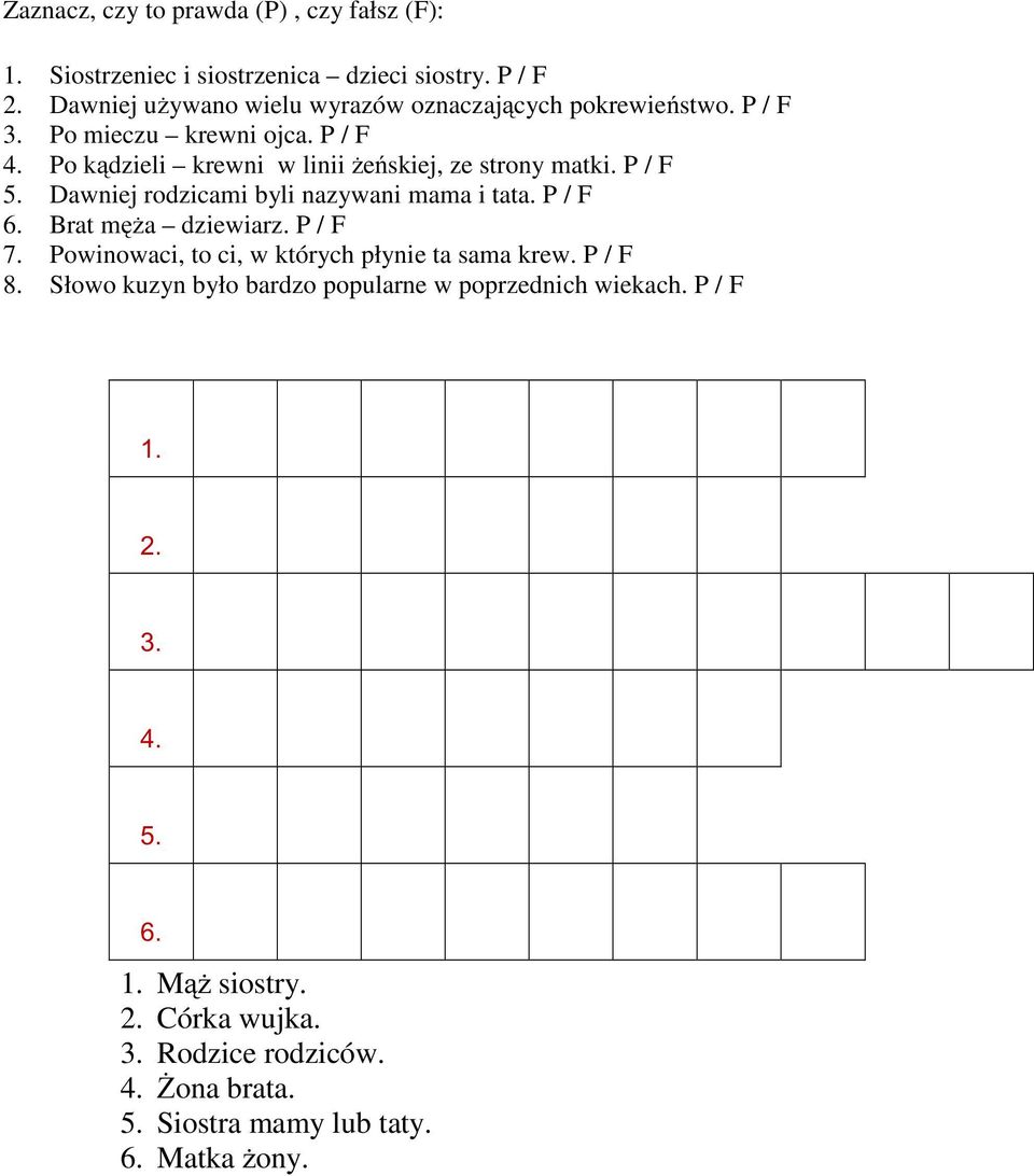 Po kądzieli krewni w linii żeńskiej, ze strony matki. P / F 5. Dawniej rodzicami byli nazywani mama i tata. P / F 6. Brat męża dziewiarz. P / F 7.