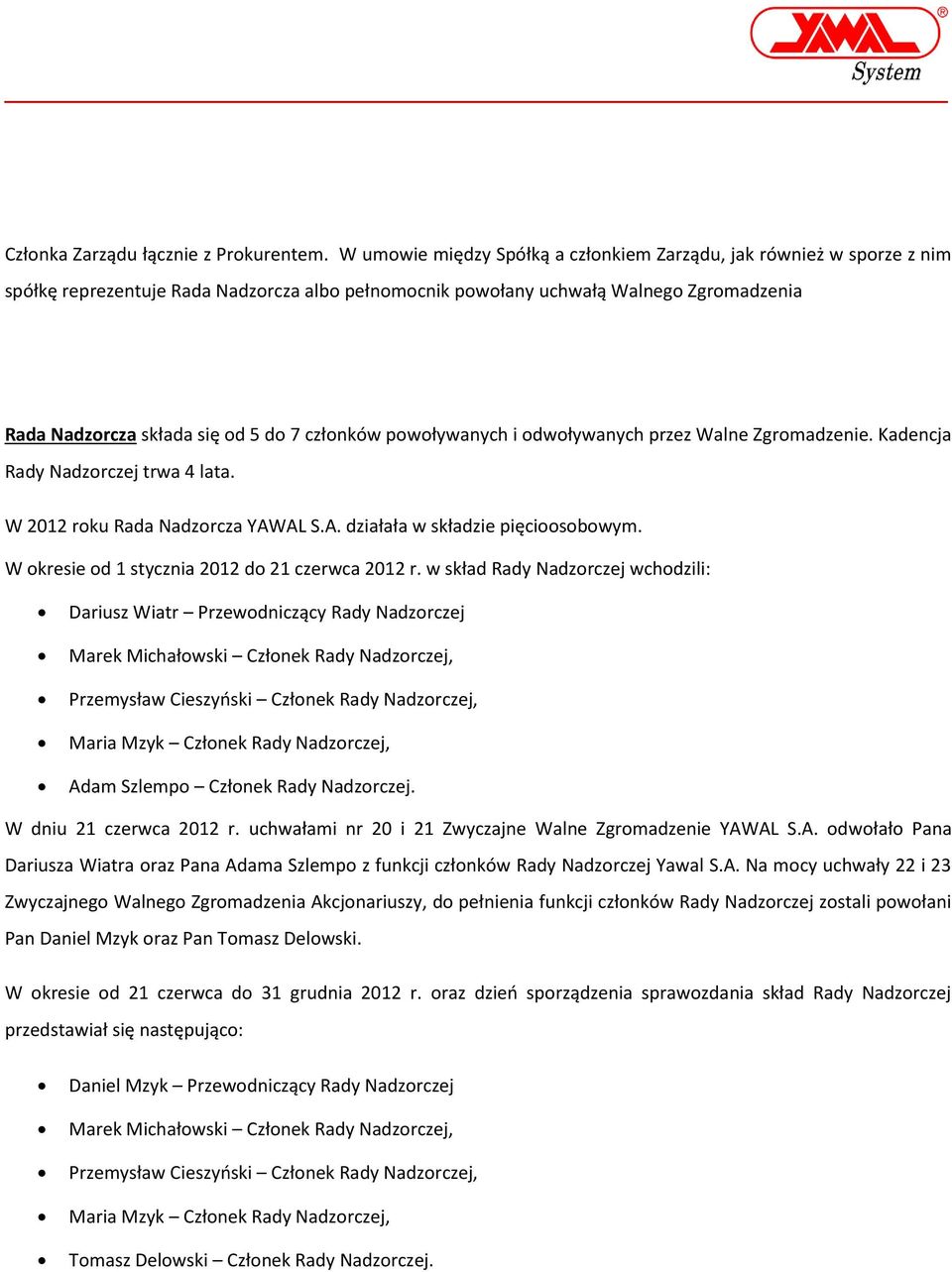 członków powoływanych i odwoływanych przez Walne Zgromadzenie. Kadencja Rady Nadzorczej trwa 4 lata. W 2012 roku Rada Nadzorcza YAWAL S.A. działała w składzie pięcioosobowym.