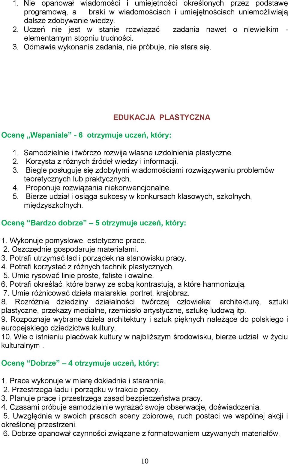 EDUKACJA PLASTYCZNA Ocenę Wspaniale - 6 otrzymuje uczeń, który: 1. Samodzielnie i twórczo rozwija własne uzdolnienia plastyczne. 2. Korzysta z różnych źródeł wiedzy i informacji. 3.