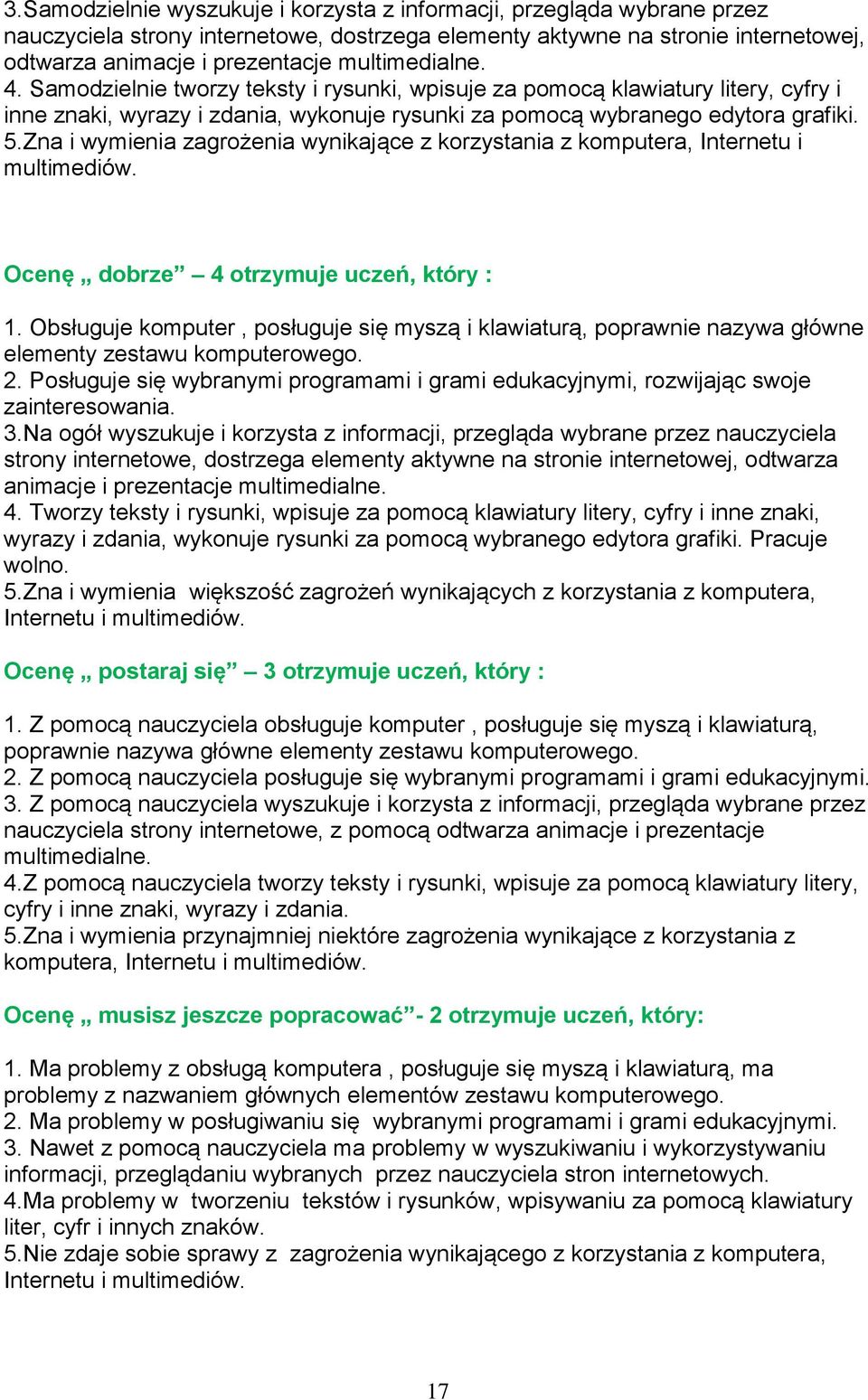 Zna i wymienia zagrożenia wynikające z korzystania z komputera, Internetu i multimediów. Ocenę dobrze 4 otrzymuje uczeń, który : 1.