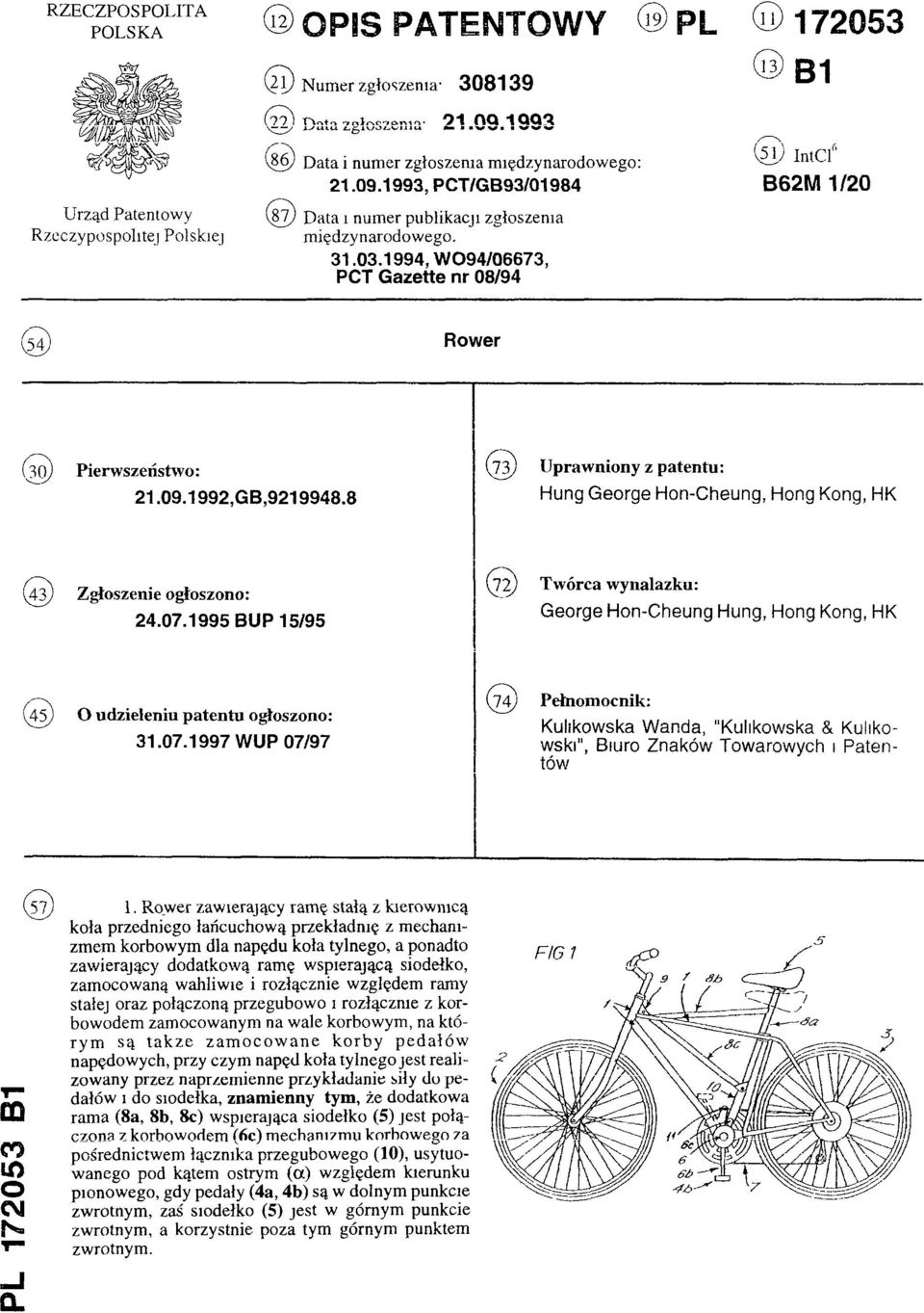 1994, W094/06673, PCT Gazette nr 08/94 (51) IntCl6 B62M 1/20 (5 4 ) Rower (30) Pierwszeństwo: 21.09.1992,GB,9219948.