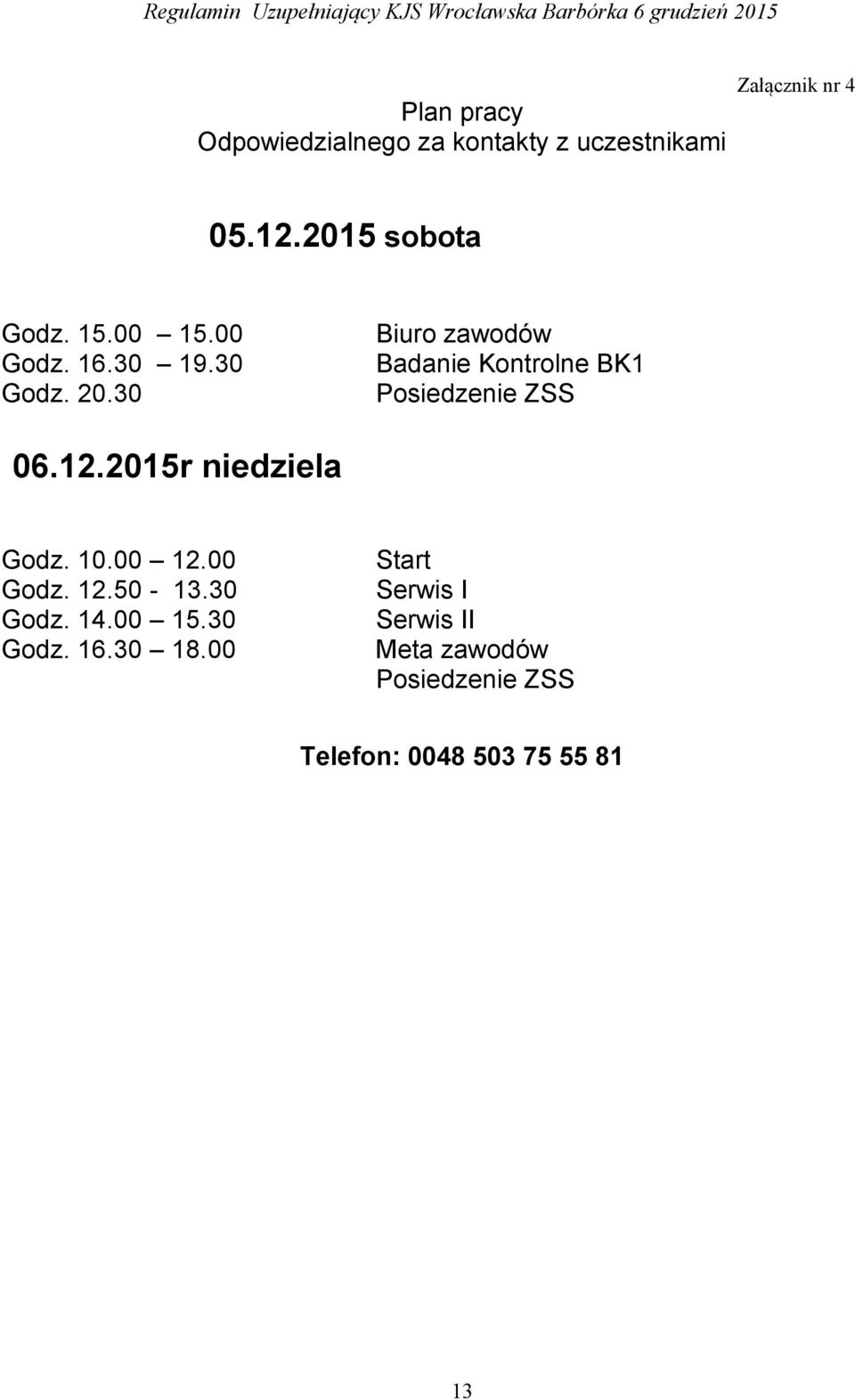 30 Biuro zawodów Badanie Kontrolne BK1 Posiedzenie ZSS 06.12.2015r niedziela Godz. 10.