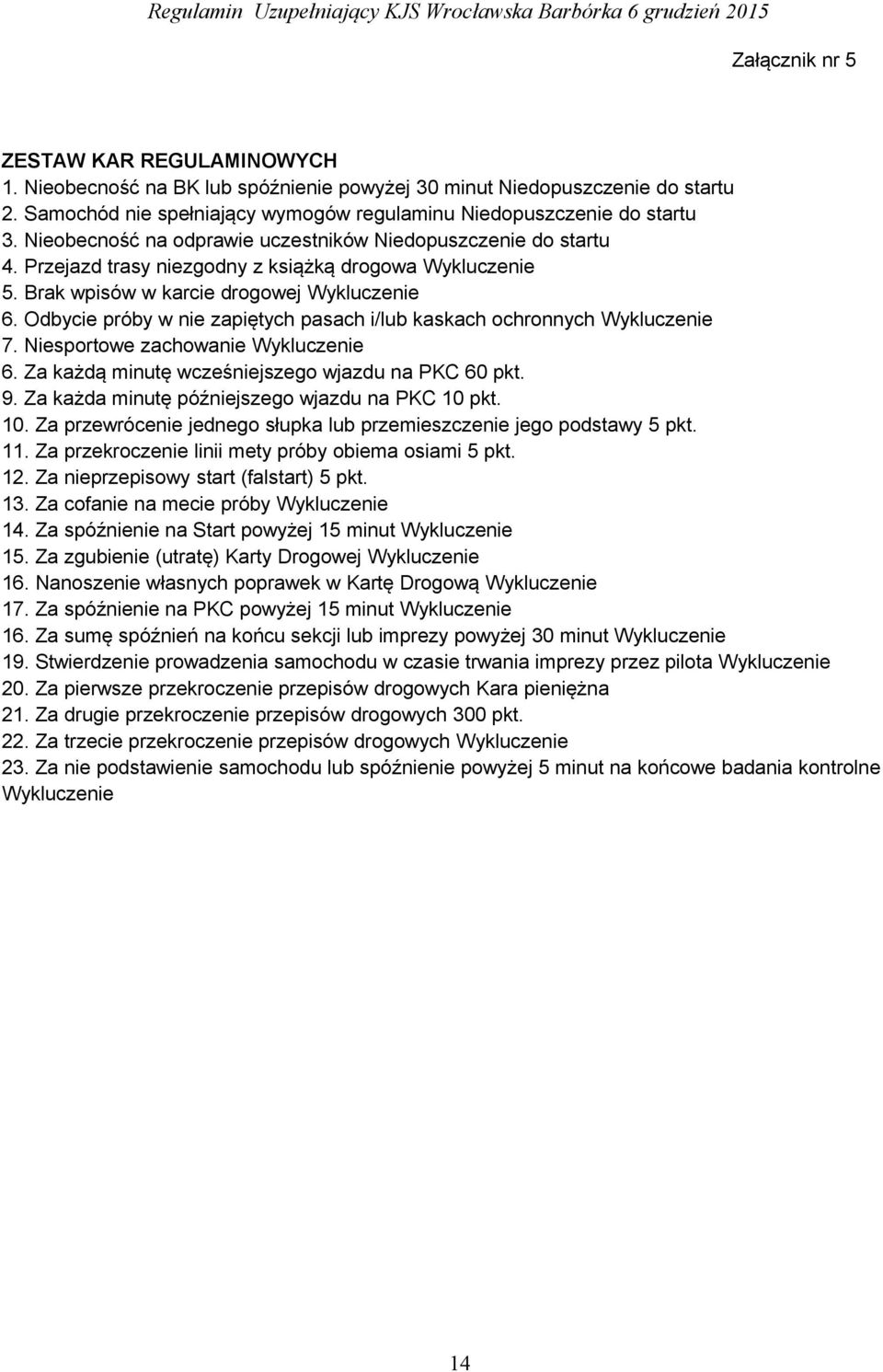 Odbycie próby w nie zapiętych pasach i/lub kaskach ochronnych Wykluczenie 7. Niesportowe zachowanie Wykluczenie 6. Za każdą minutę wcześniejszego wjazdu na PKC 60 pkt. 9.