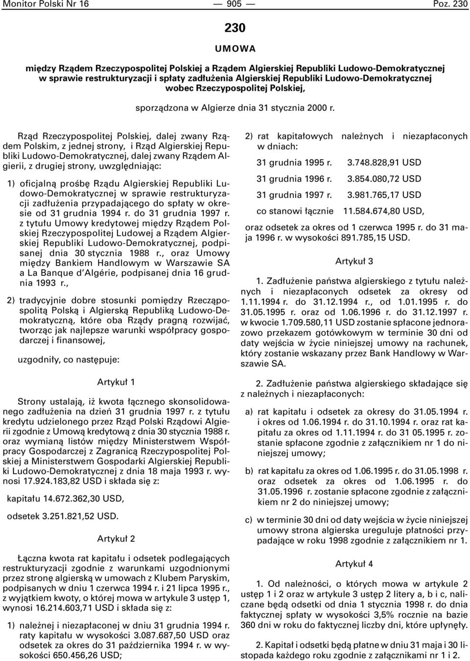 wobec Rzeczypospolitej Polskiej, sporzàdzona w Algierze dnia 31 stycznia 2000 r.